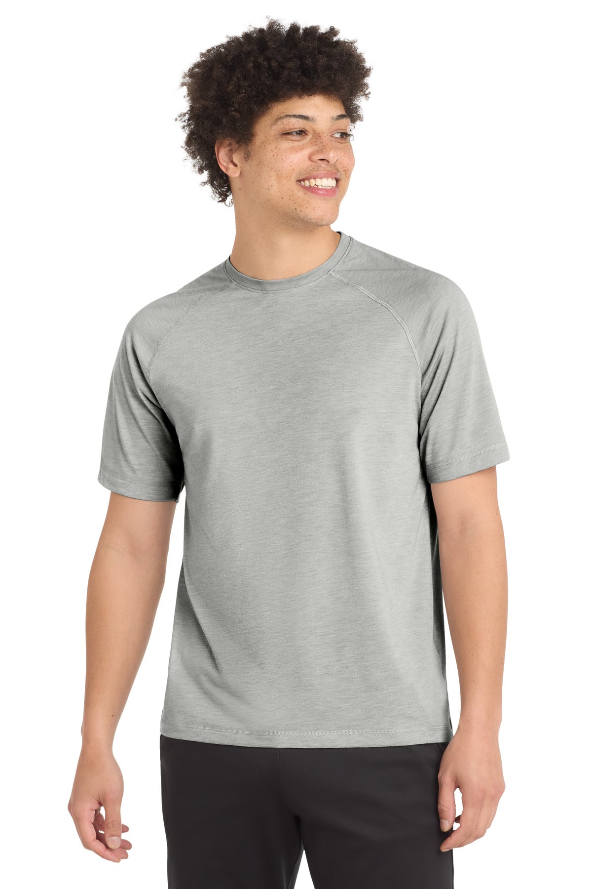 Front View of Light Grey Hth Sport-Tek PosiCharge Tri-Blend Wicking Raglan Tee. ST400