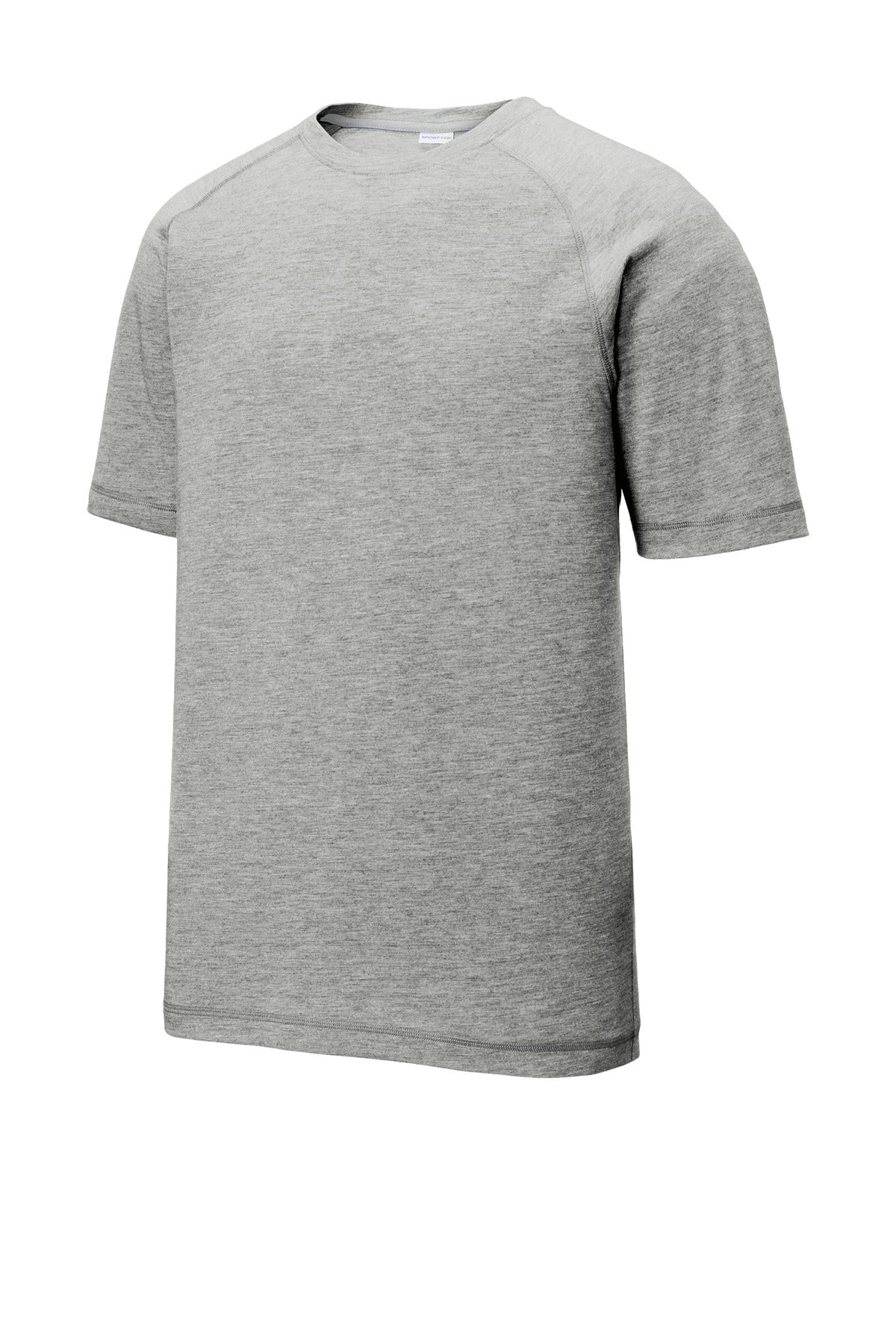 Front View of Light Grey Hth Sport-Tek PosiCharge Tri-Blend Wicking Raglan Tee. ST400