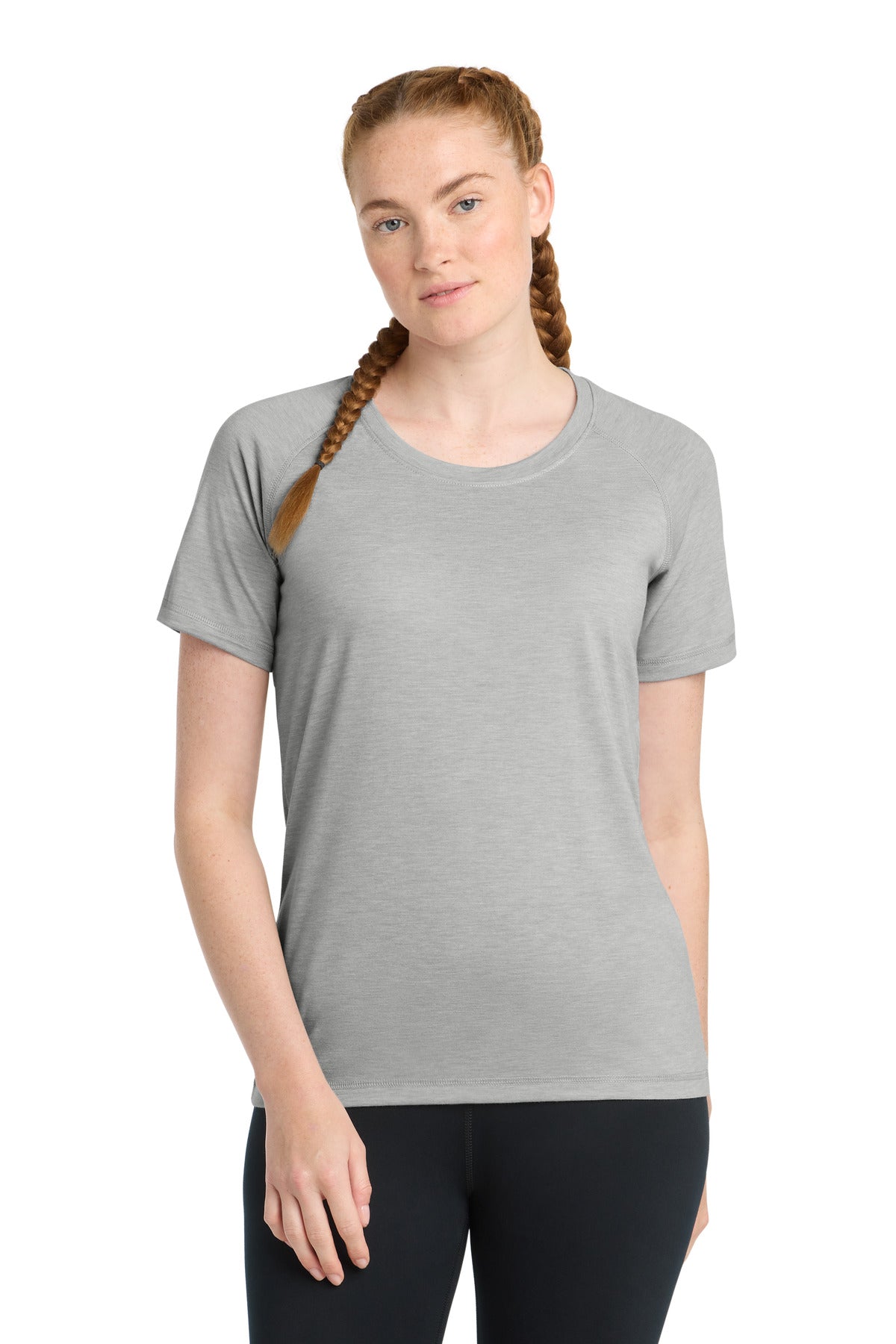 Front View of Light Grey Hth Sport-Tek Women's PosiCharge Tri-Blend Wicking Scoop Neck Raglan Tee. LST400