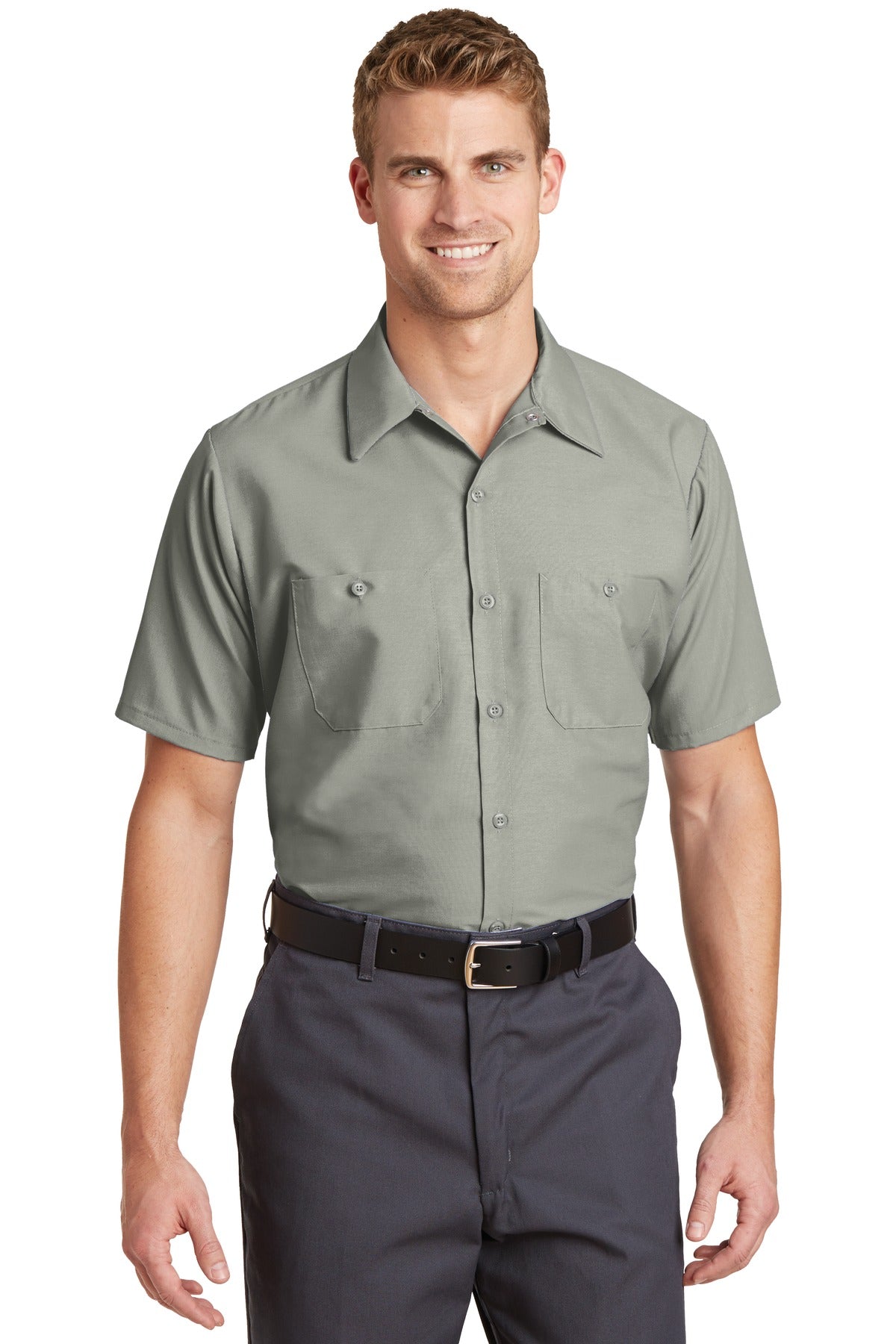 Front View of Light Grey Red Kap Long Size, Short Sleeve Industrial Work Shirt. SP24LONG