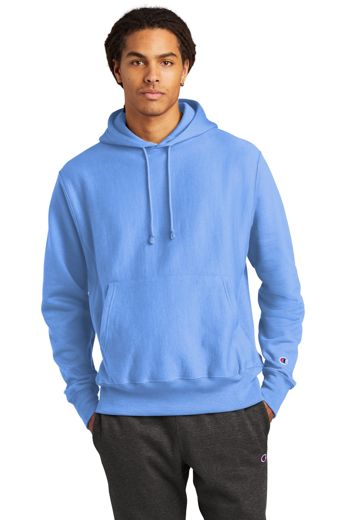 Front View of LightBlue Champion Reverse Weave Hooded Sweatshirt S101