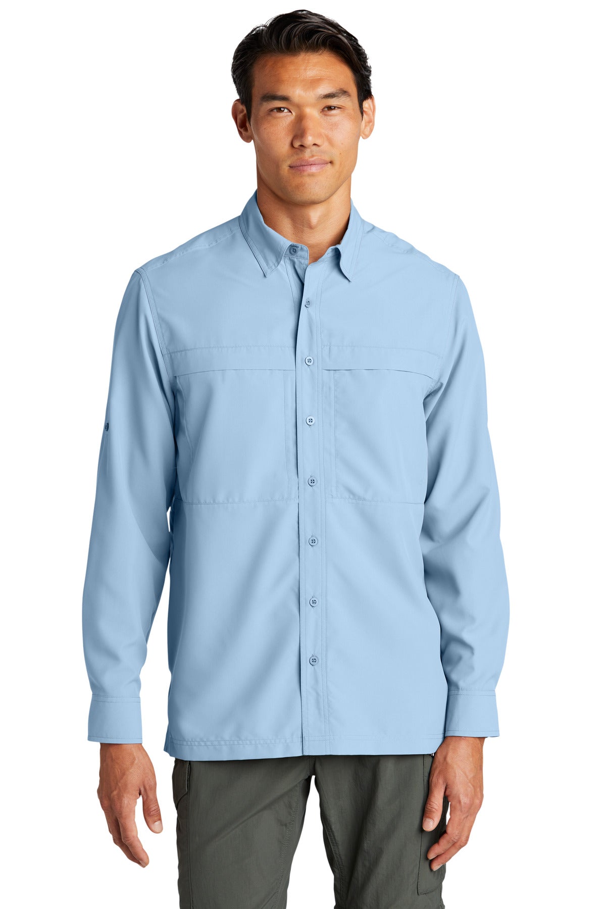 Front View of LightBlue Port Authority Long Sleeve UV Daybreak Shirt W960