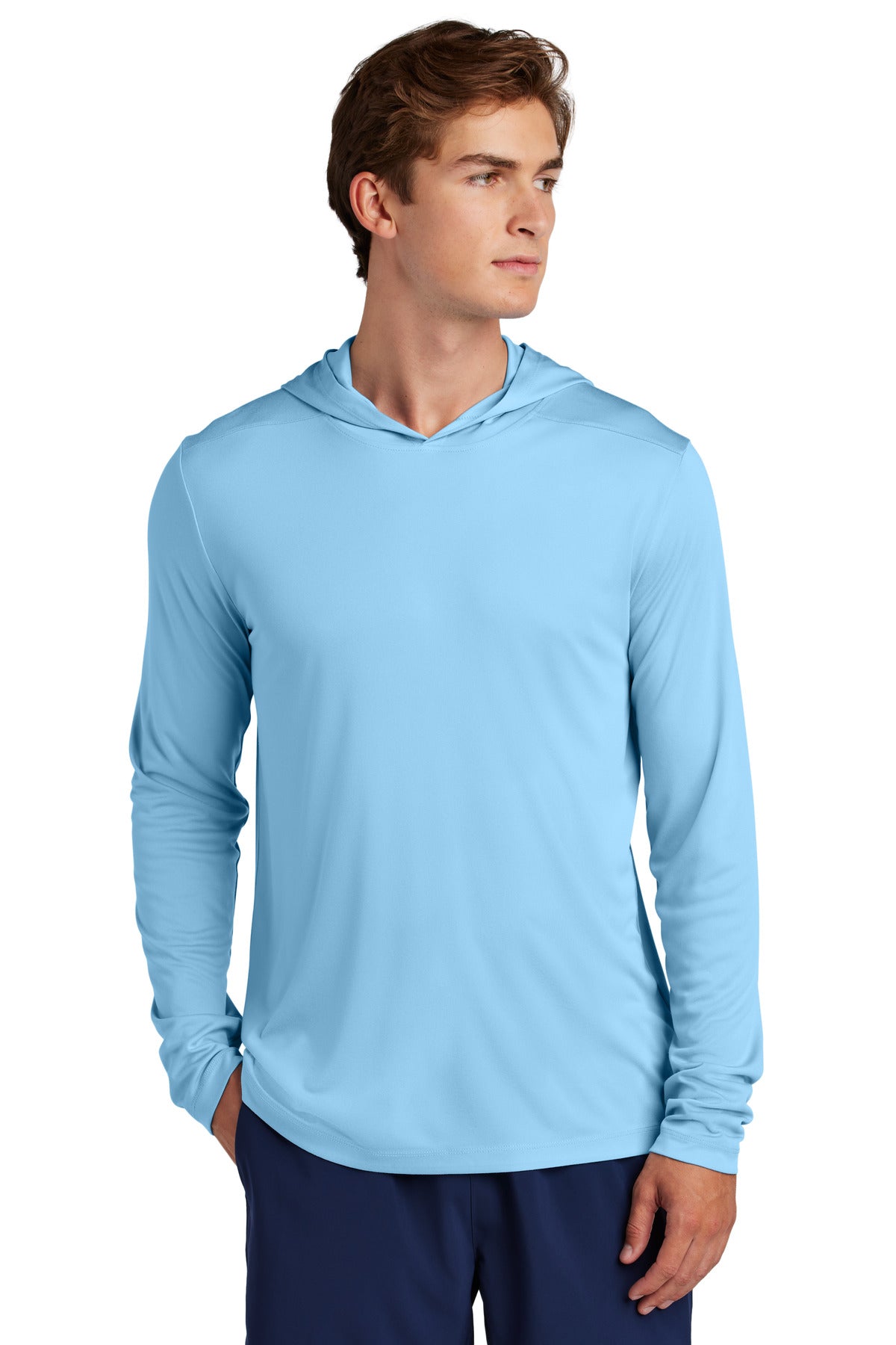 Front View of LightBlue Sport-Tek Posi-UV Pro Long Sleeve Hoodie ST420LSH