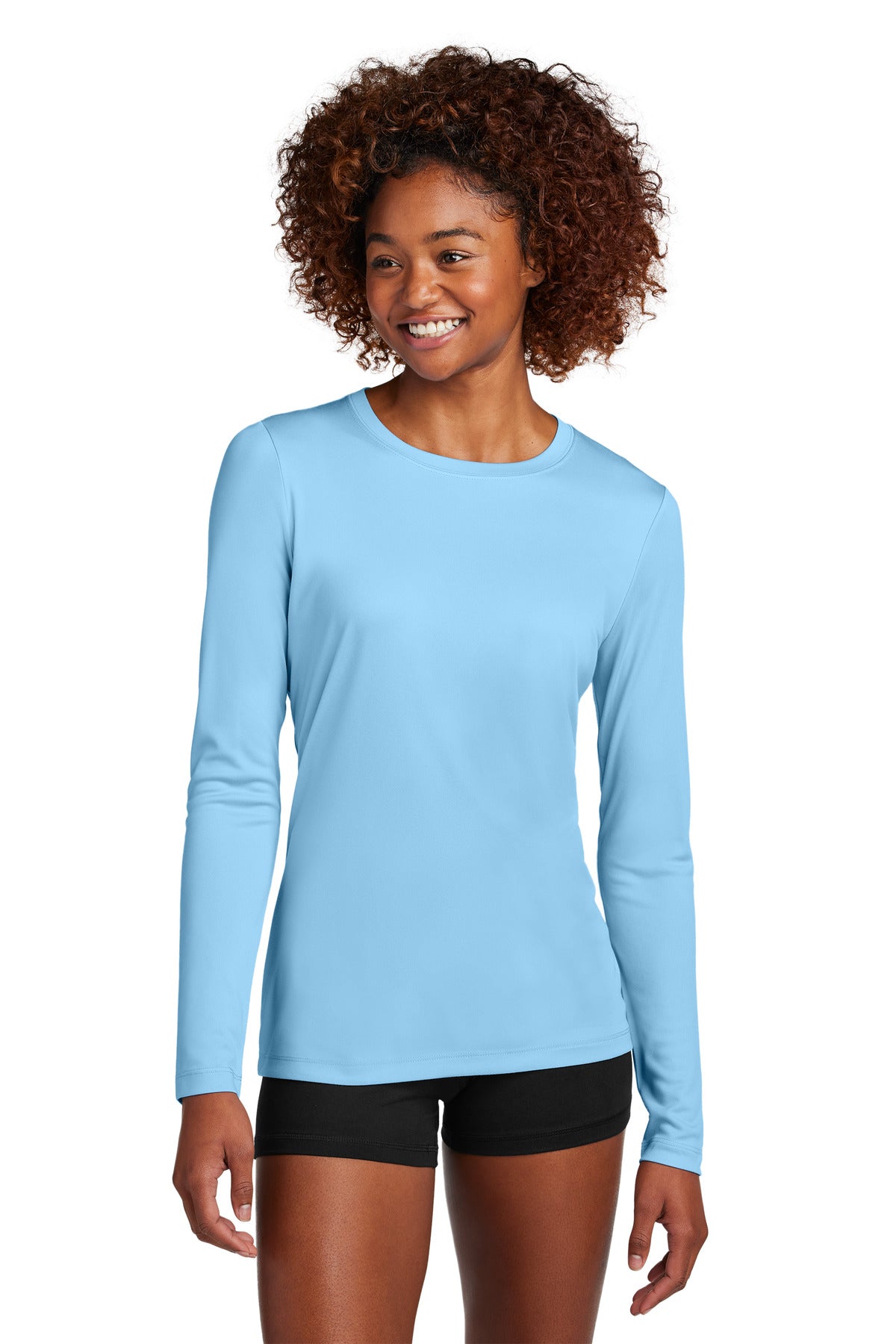 Front View of LightBlue Sport-Tek Women's Posi-UV Pro Long Sleeve LST420LS