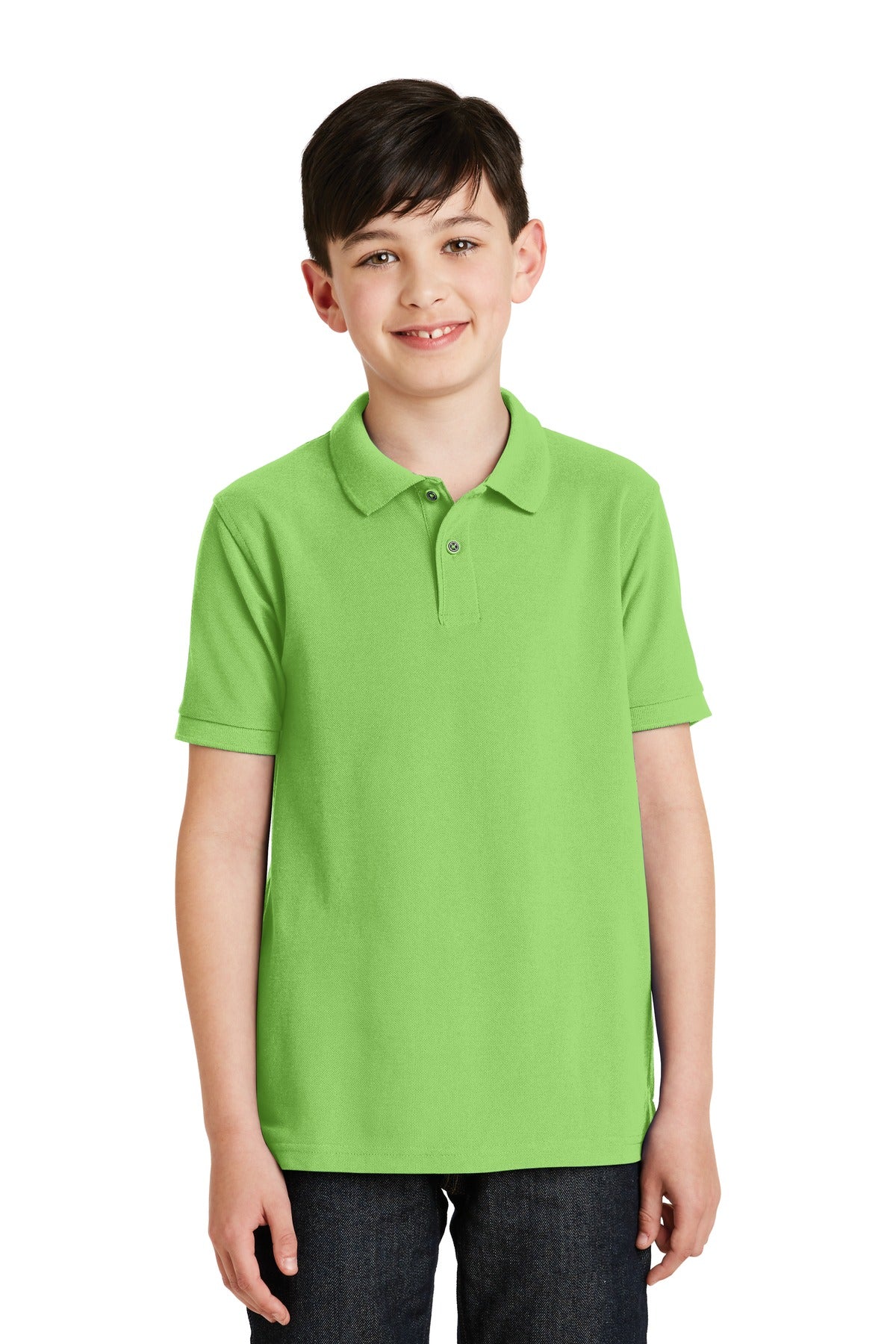 Front View of Lime Port Authority Youth Silk Touch Polo. Y500