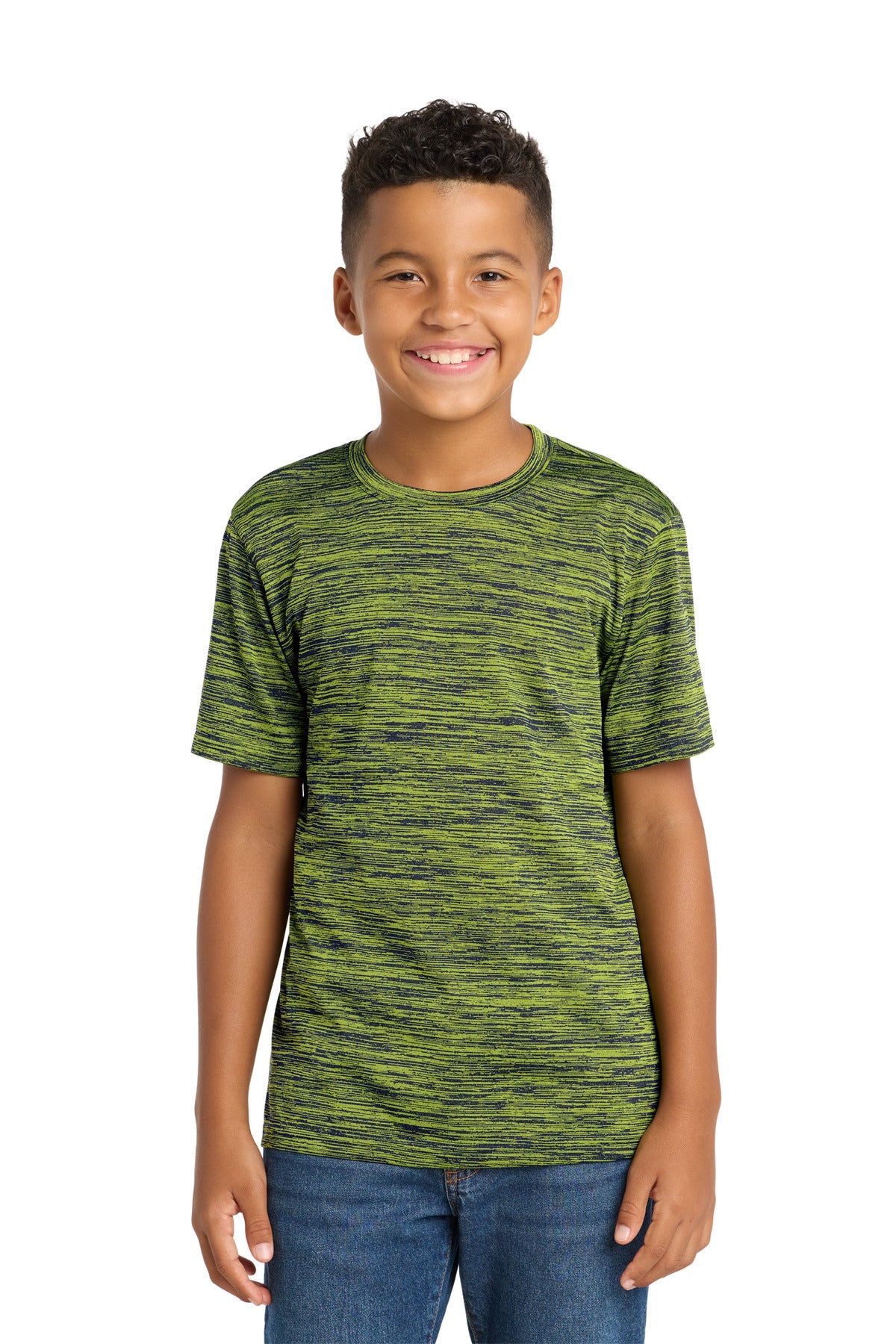 Front View of Lime Sh-T Ny E Sport-Tek Youth PosiCharge Electric Heather Tee. YST390