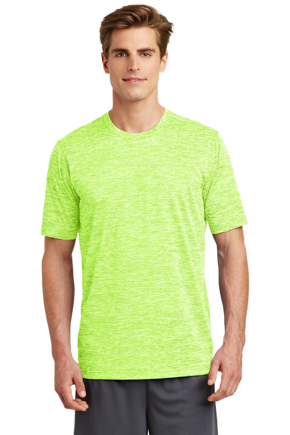 Front View of Lime Shock Ele Sport-Tek PosiCharge Electric Heather Tee. ST390