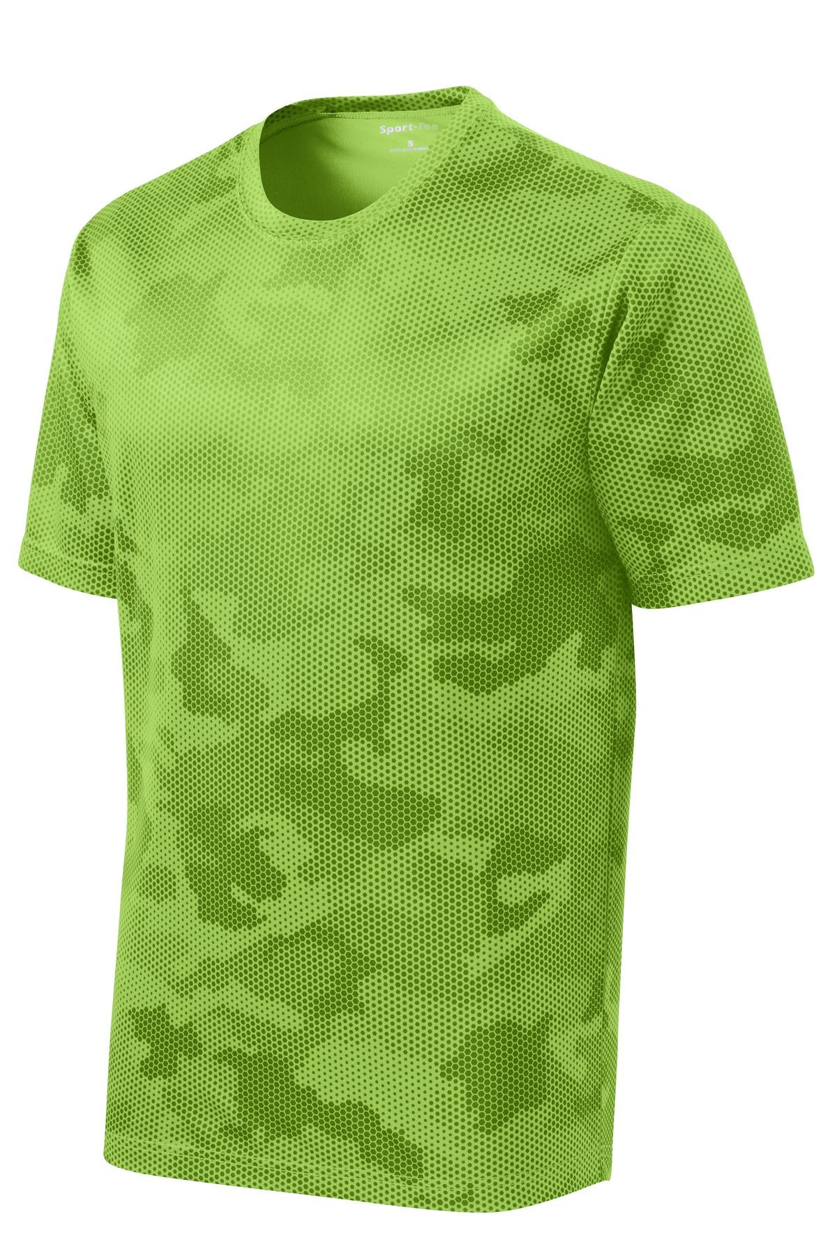 Front View of Lime Shock Sport-Tek CamoHex Tee. ST370