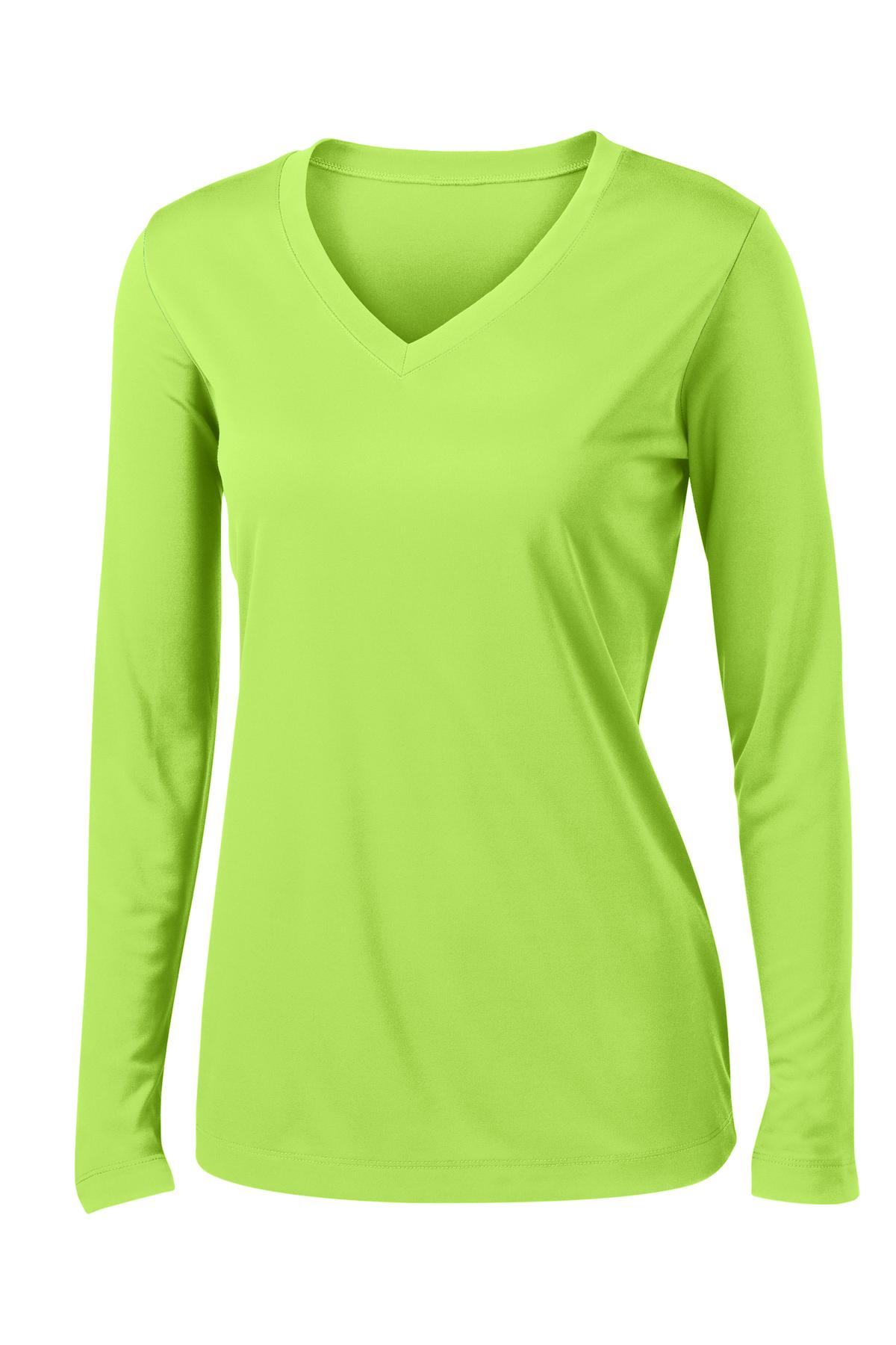 Front View of Lime Shock Sport-Tek Women's Long Sleeve PosiCharge Competitor V-Neck Tee. LST353LS