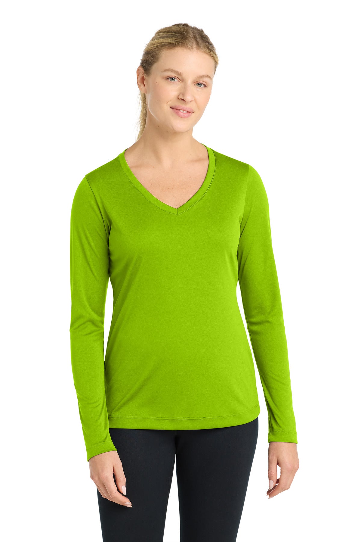 Front View of Lime Shock Sport-Tek Women's Long Sleeve PosiCharge Competitor V-Neck Tee. LST353LS