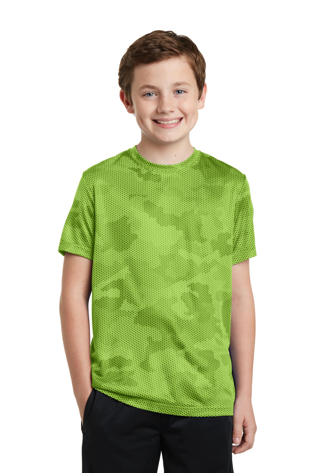 Front View of Lime Shock Sport-Tek Youth CamoHex Tee. YST370