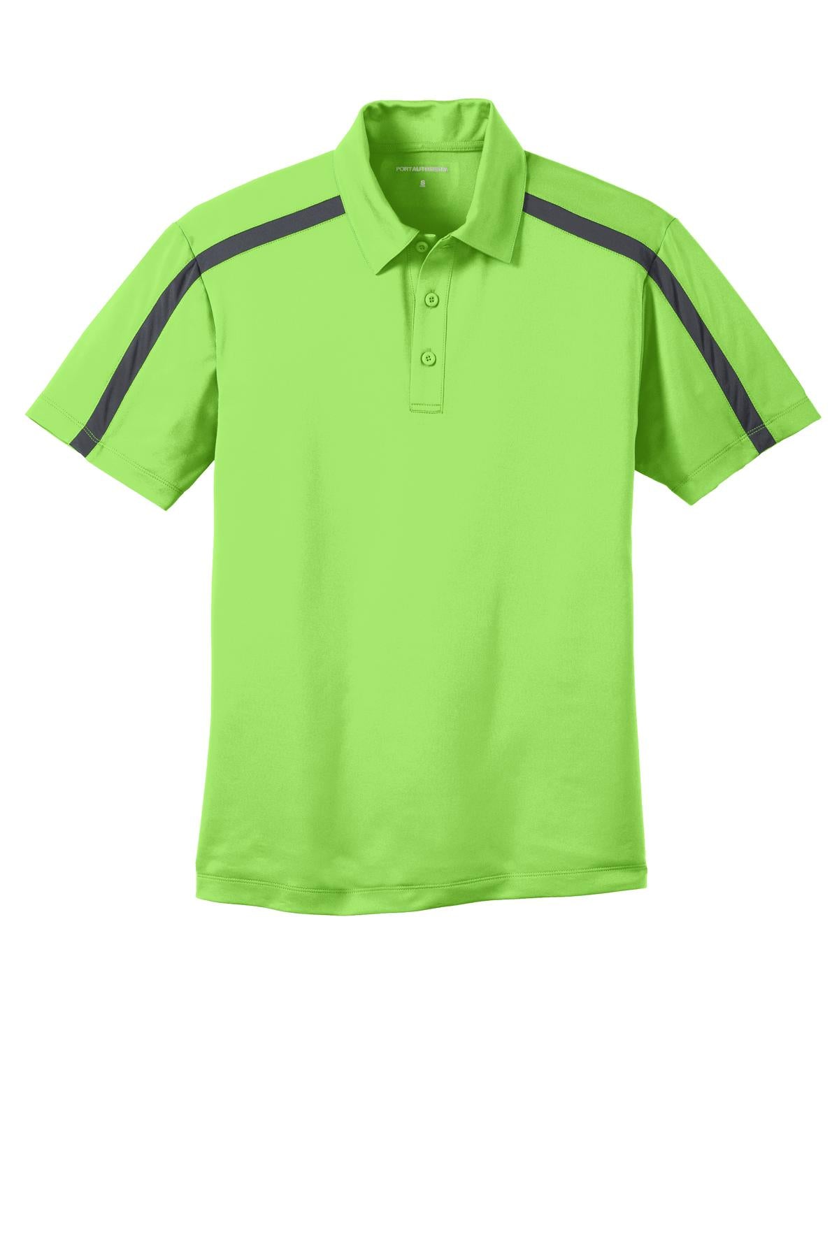 Front View of Lime/SteelGrey Port Authority Silk Touch Performance Colorblock Stripe Polo. K547