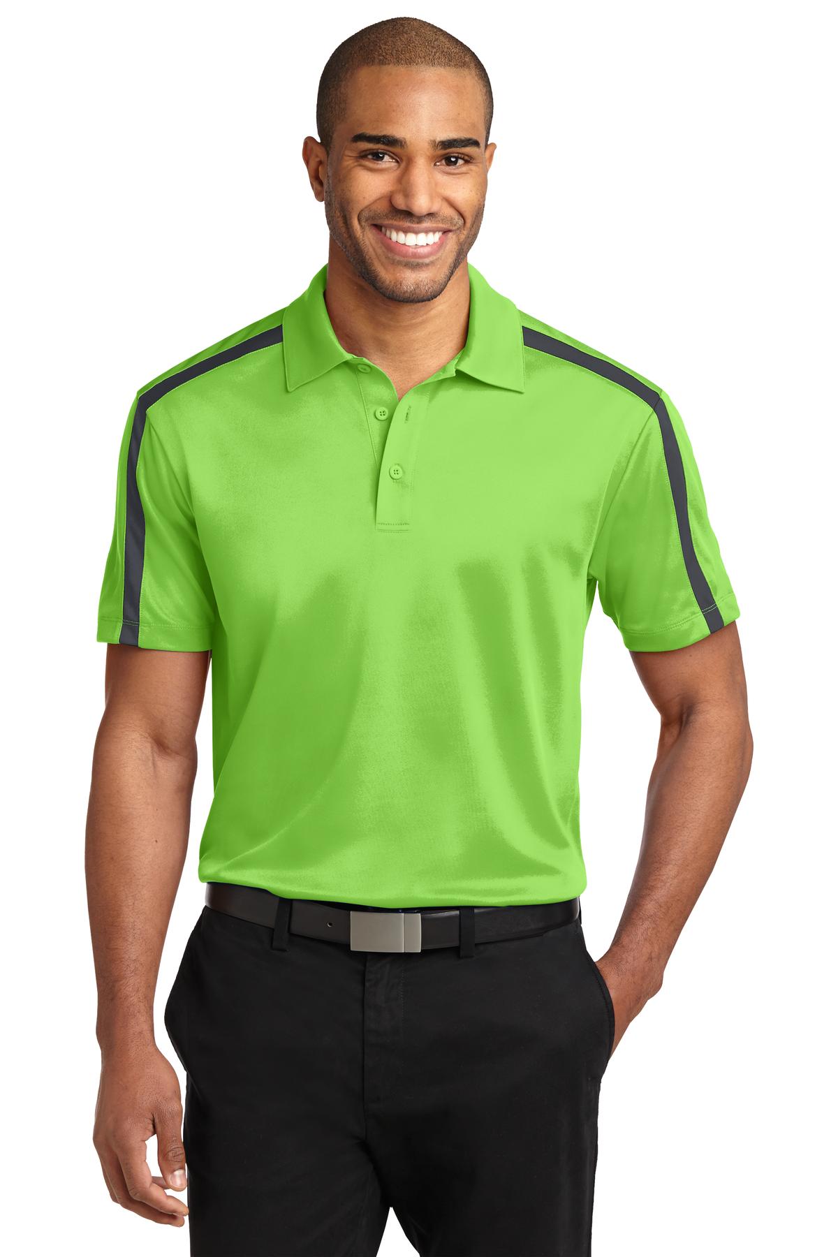 Front View of Lime/SteelGrey Port Authority Silk Touch Performance Colorblock Stripe Polo. K547