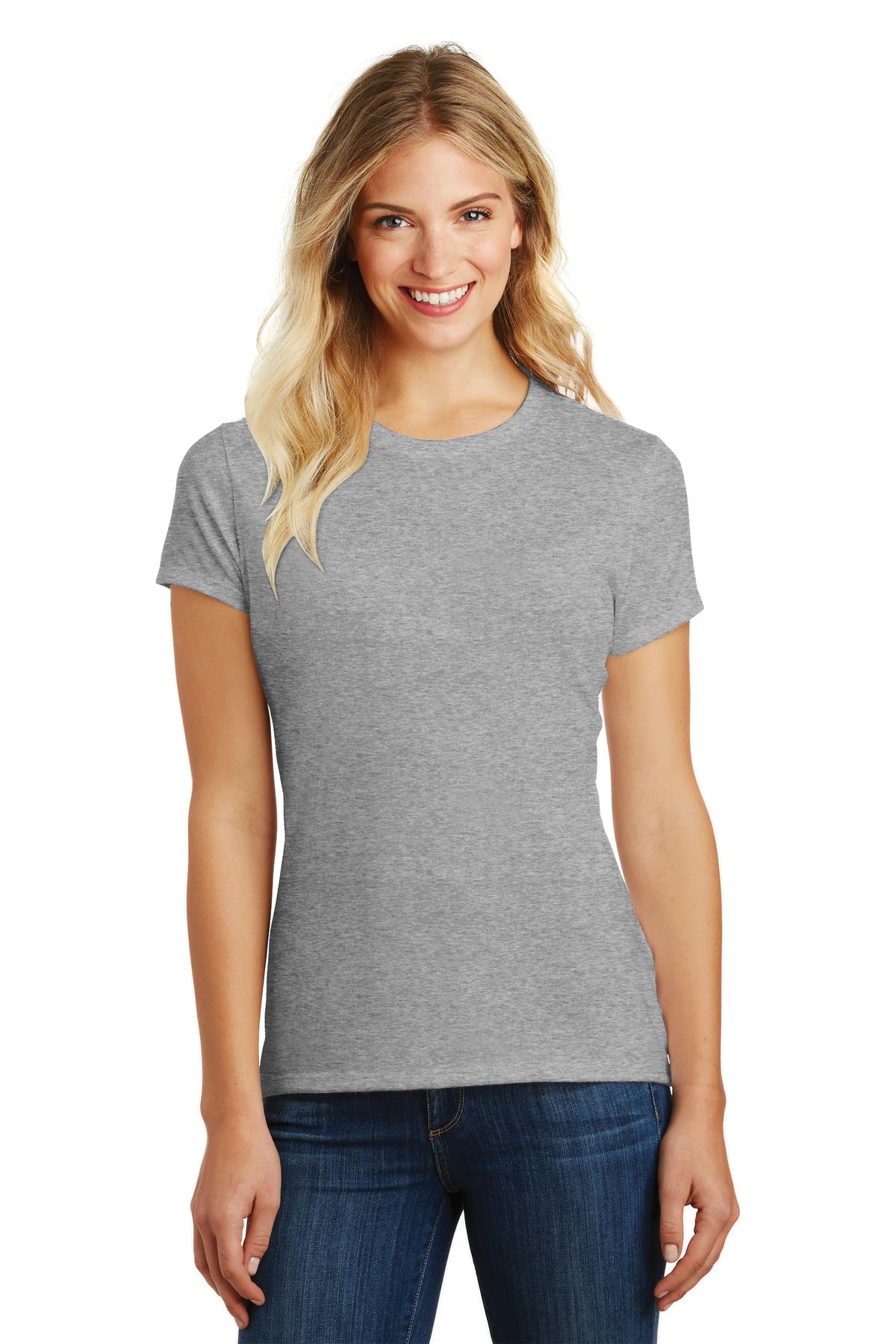 Front View of Lt Hthr Grey District Women's Perfect Blend CVC Tee. DM108L