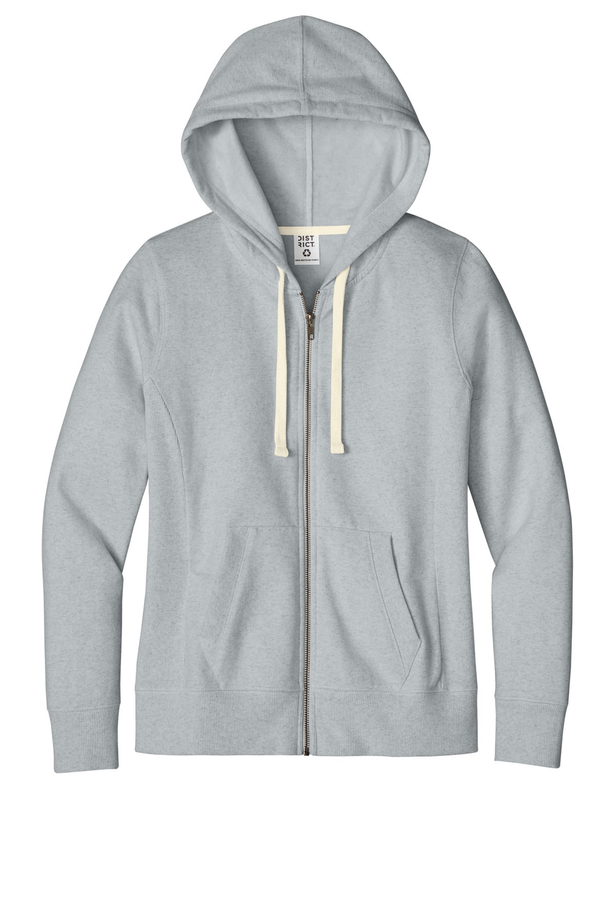 Front View of Lt Hthr Grey District Women's Re-Fleece Full-Zip Hoodie DT8103