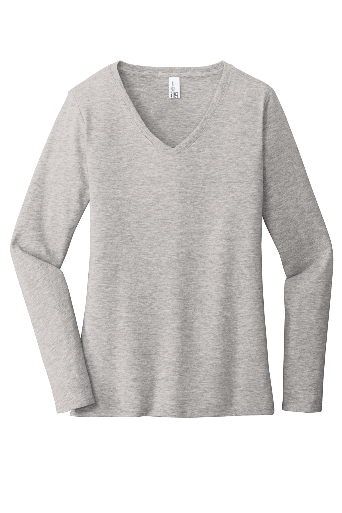 Front View of Lt Hthr Grey District Women's Very Important Tee Long Sleeve V-Neck. DT6201
