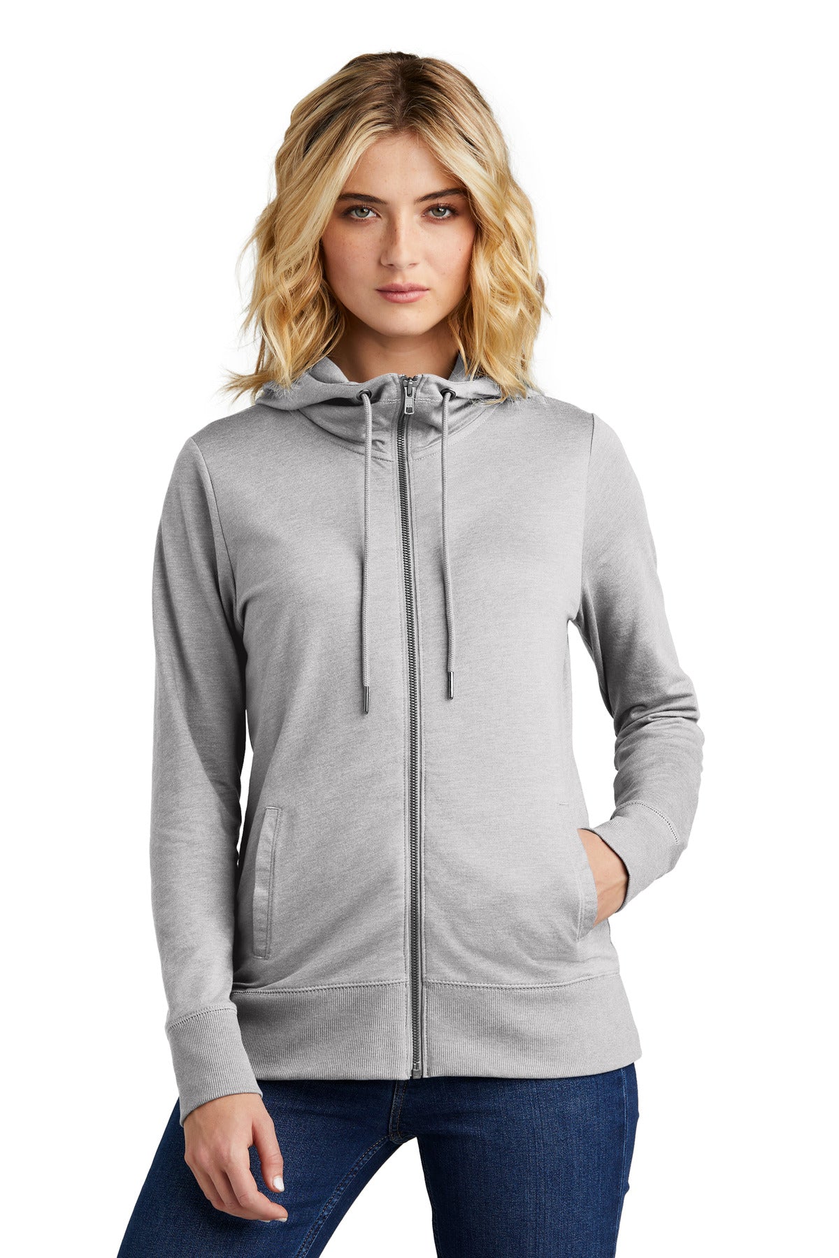 Front View of LtHtGry District Women's Featherweight French Terry Full-Zip Hoodie DT673