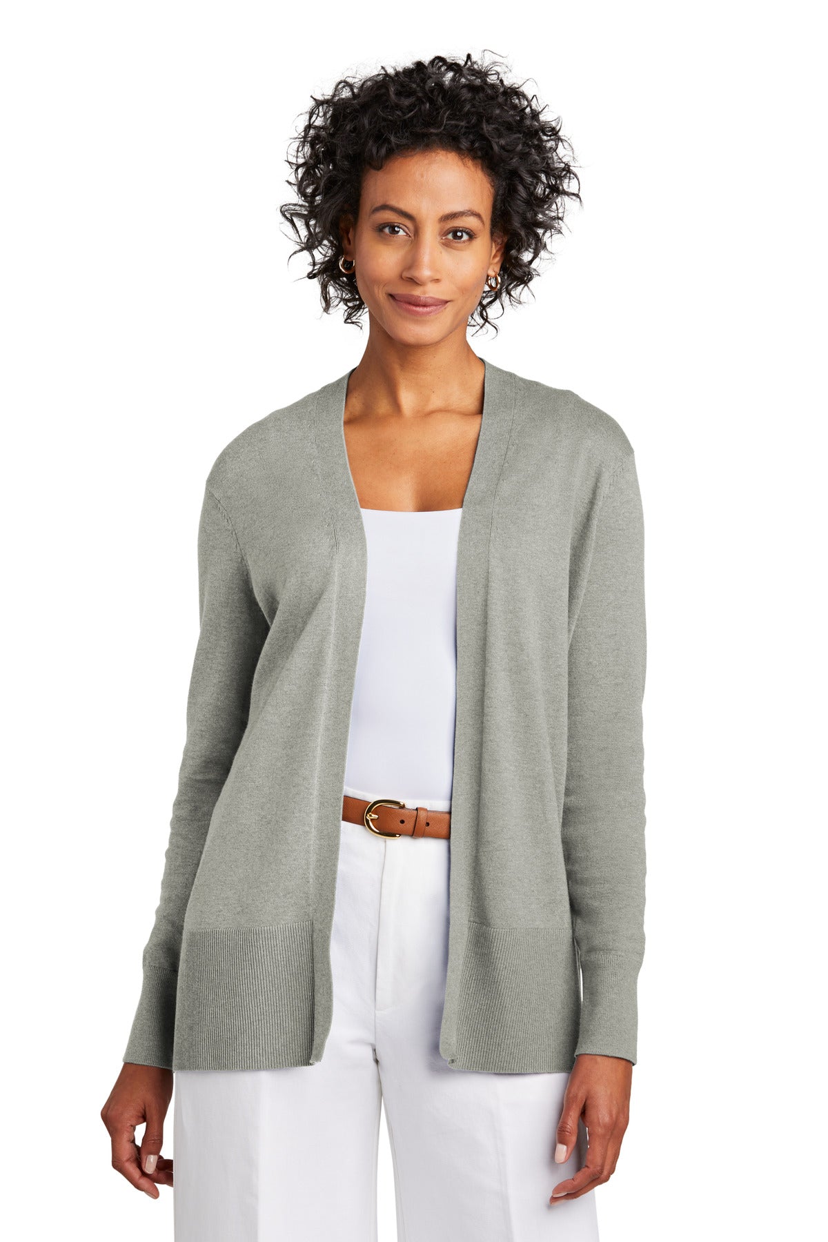 Front View of LtShdGyHtr Brooks Brothers Women's Cotton Stretch Long Cardigan Sweater BB18403