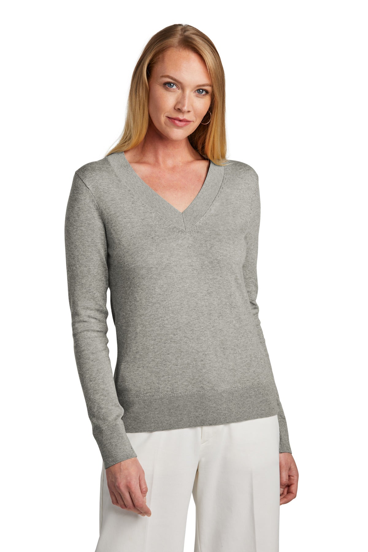 Front View of LtShdGyHtr Brooks Brothers Women's Cotton Stretch V-Neck Sweater BB18401
