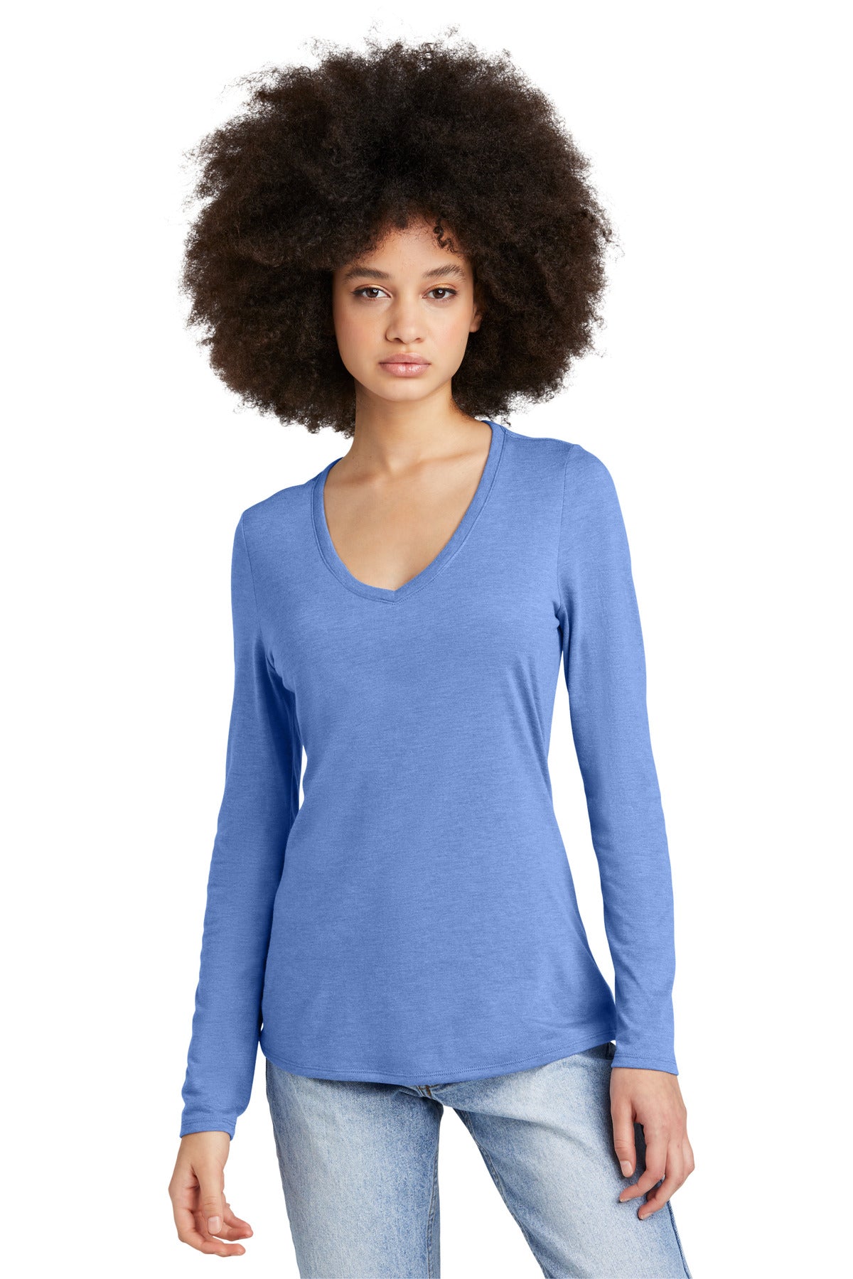 Front View of MariFrost District Women's Perfect Tri Long Sleeve V-Neck Tee DT135