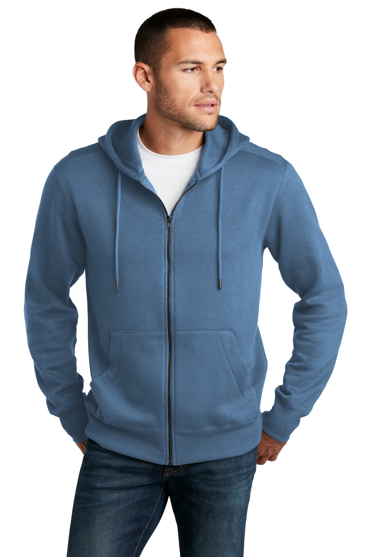 Front View of Maritime Blue District Perfect Weight Fleece Full-Zip Hoodie DT1103