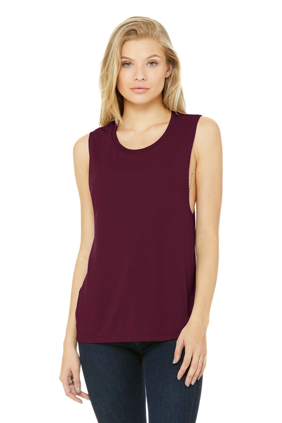 Front View of Maroon BELLA+CANVAS Women's Flowy Scoop Muscle Tank. BC8803