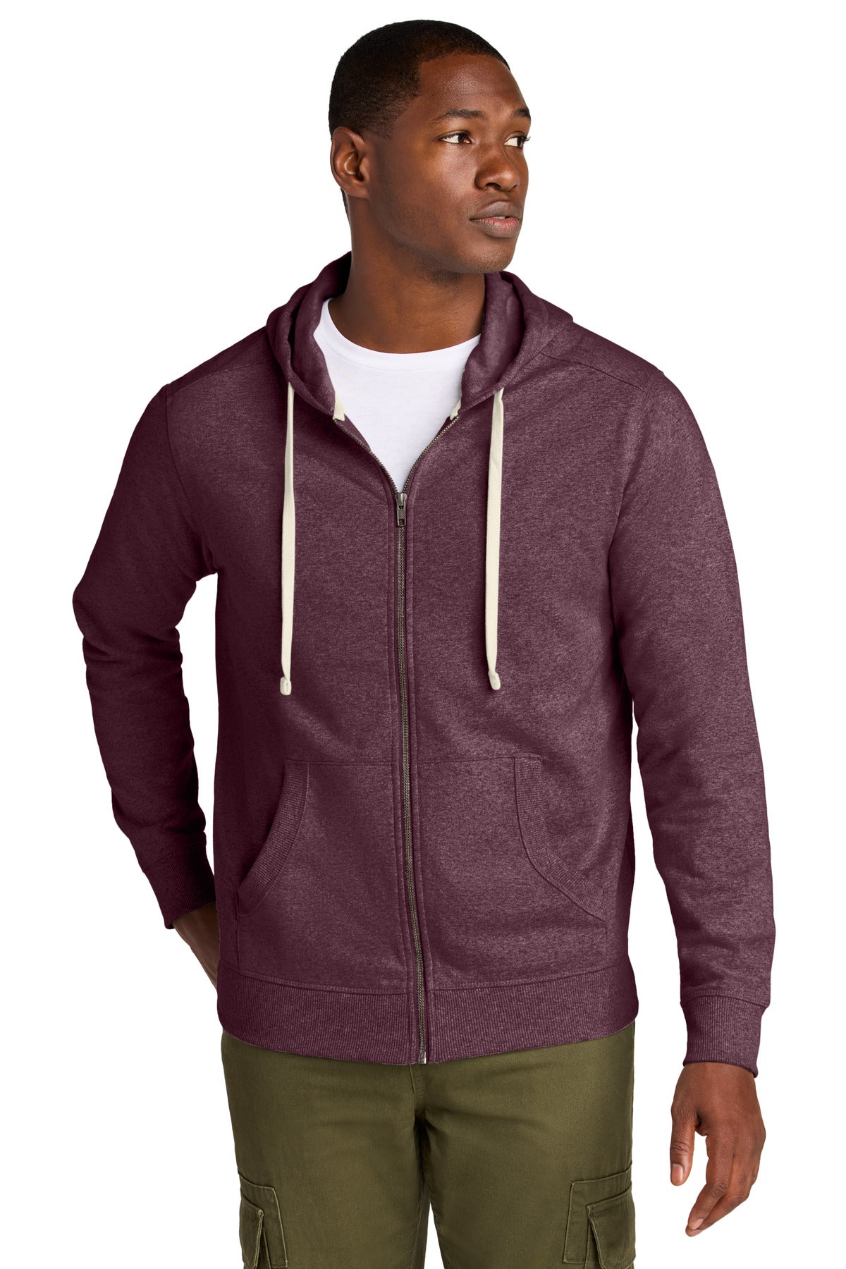 Front View of Maroon Hthr District Re-Fleece Full-Zip Hoodie DT8102