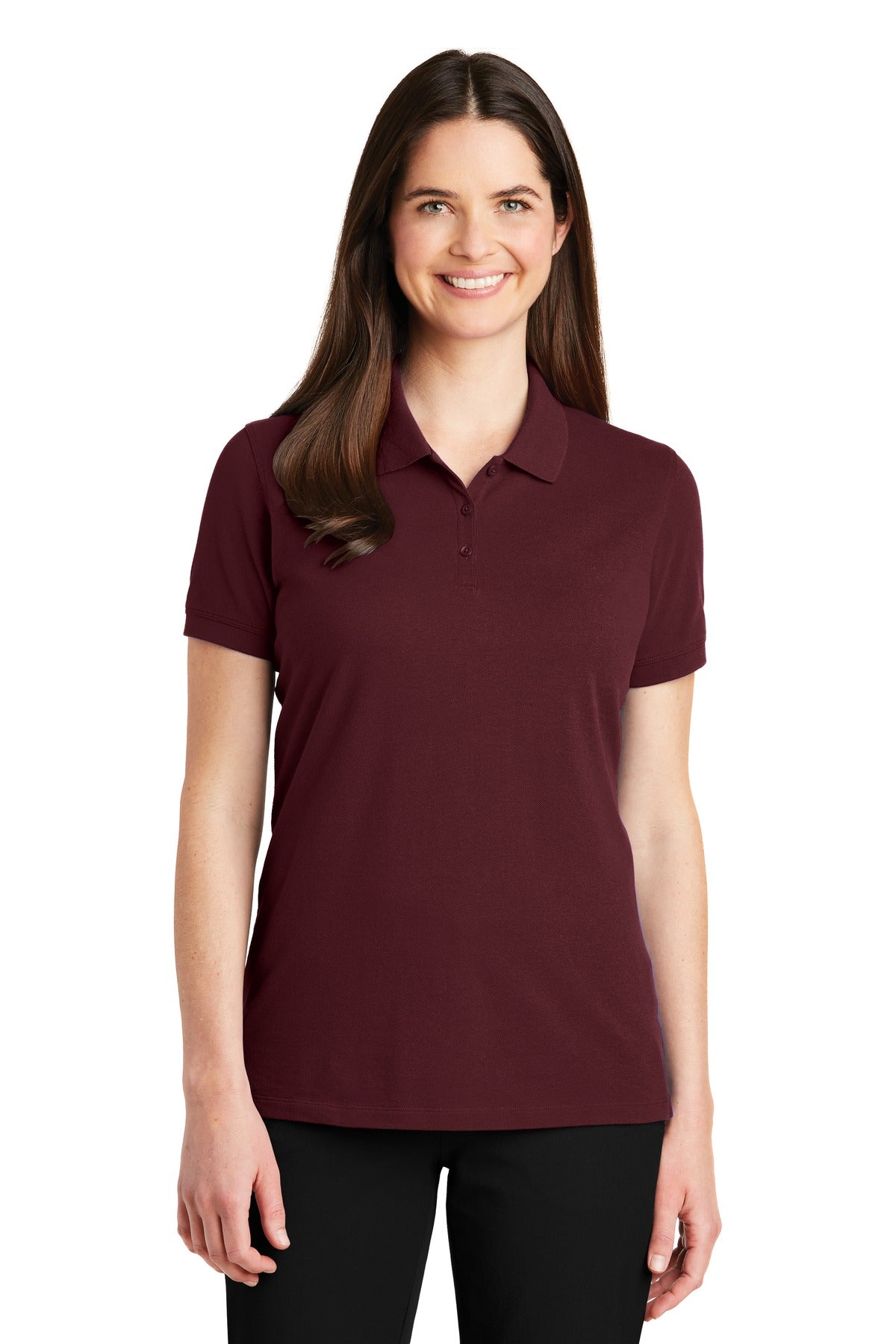 Front View of Maroon Port Authority Women's EZCotton Polo. LK8000