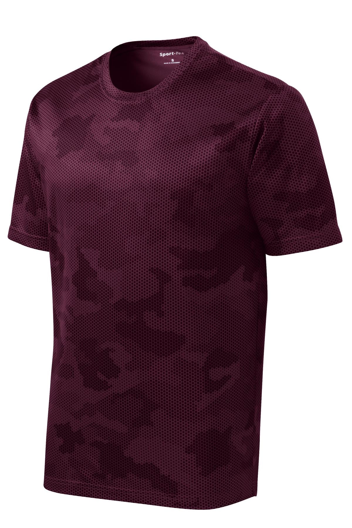 Front View of Maroon Sport-Tek CamoHex Tee. ST370