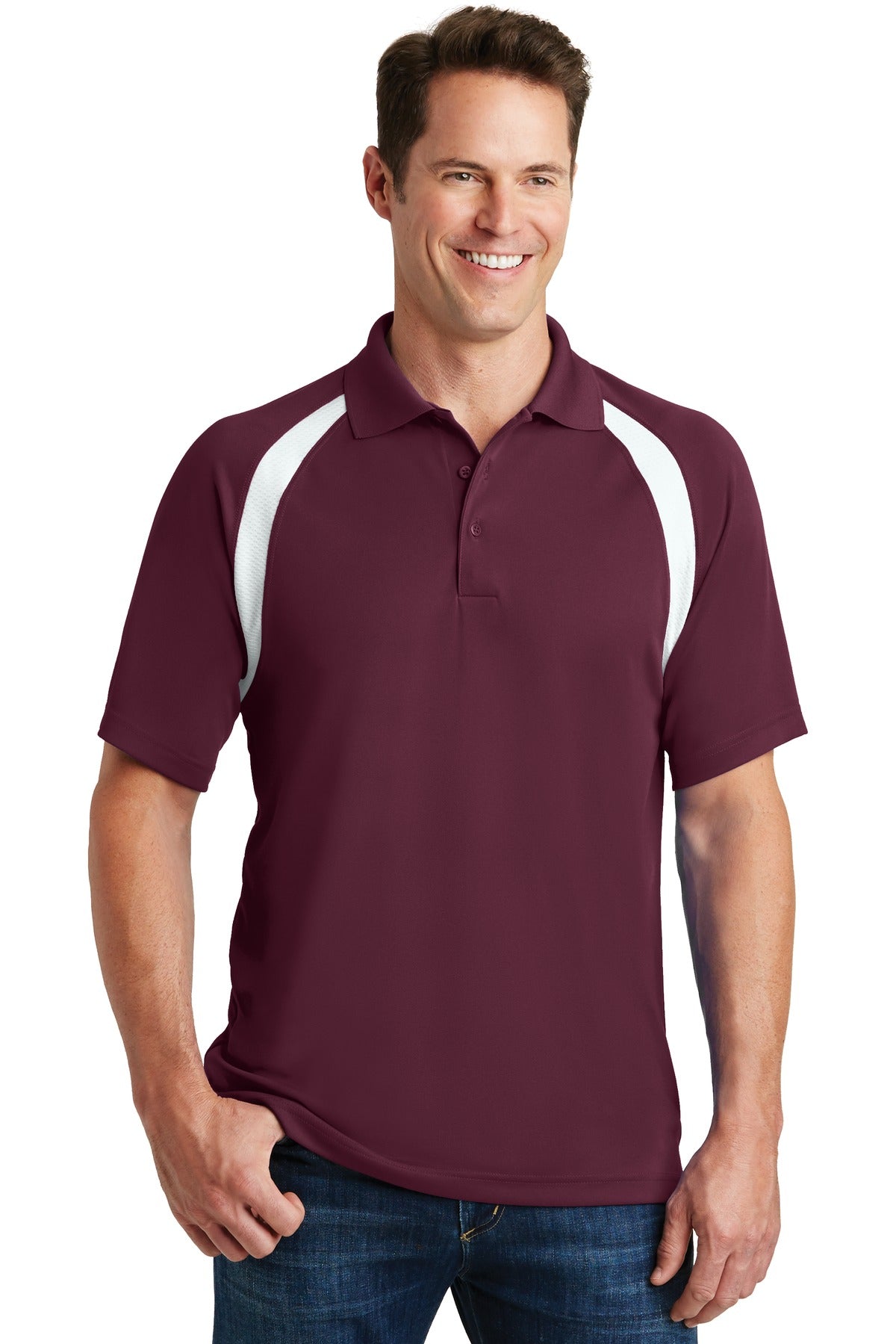 Front View of Maroon Sport-Tek Dry Zone Colorblock Raglan Polo. T476