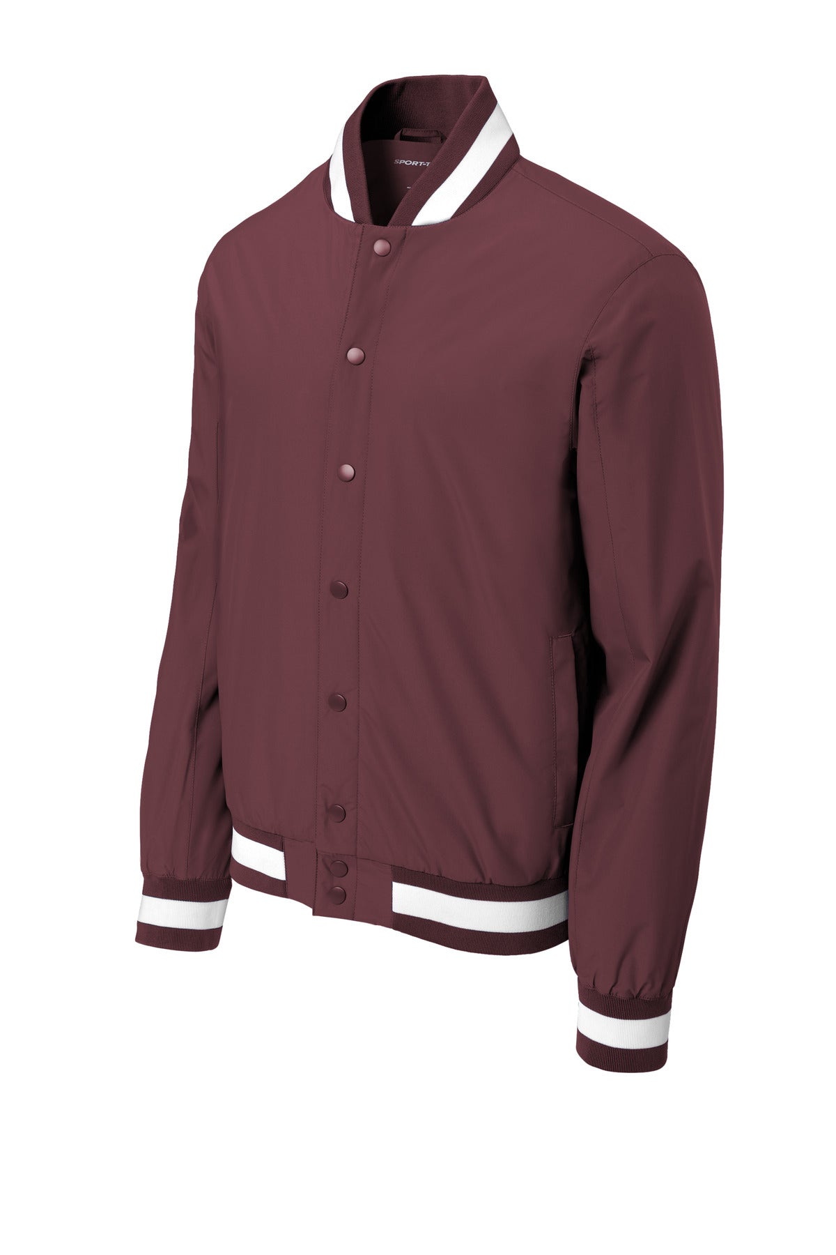 Front View of Maroon Sport-Tek Insulated Varsity Jacket JST58