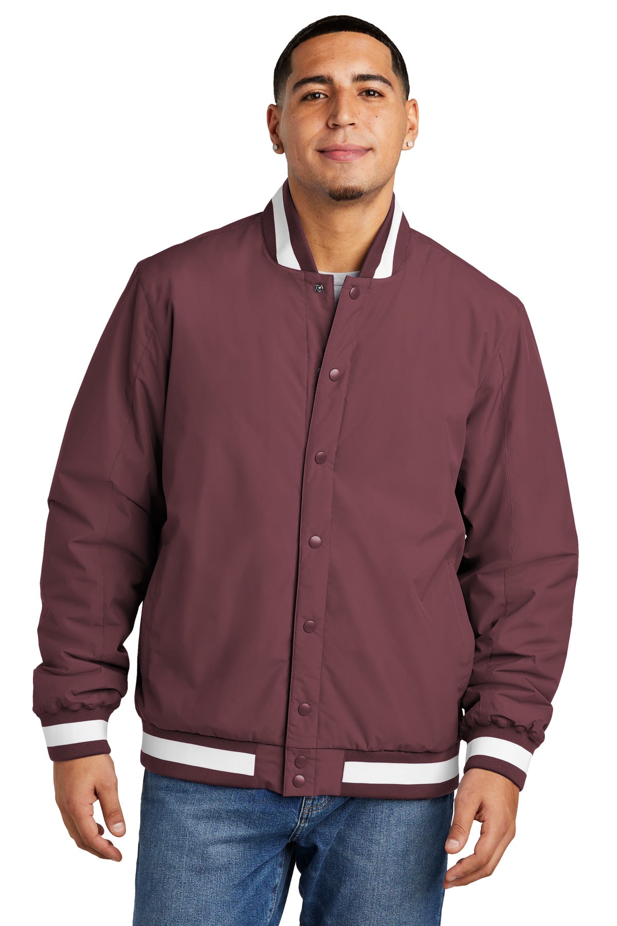 Front View of Maroon Sport-Tek Insulated Varsity Jacket JST58