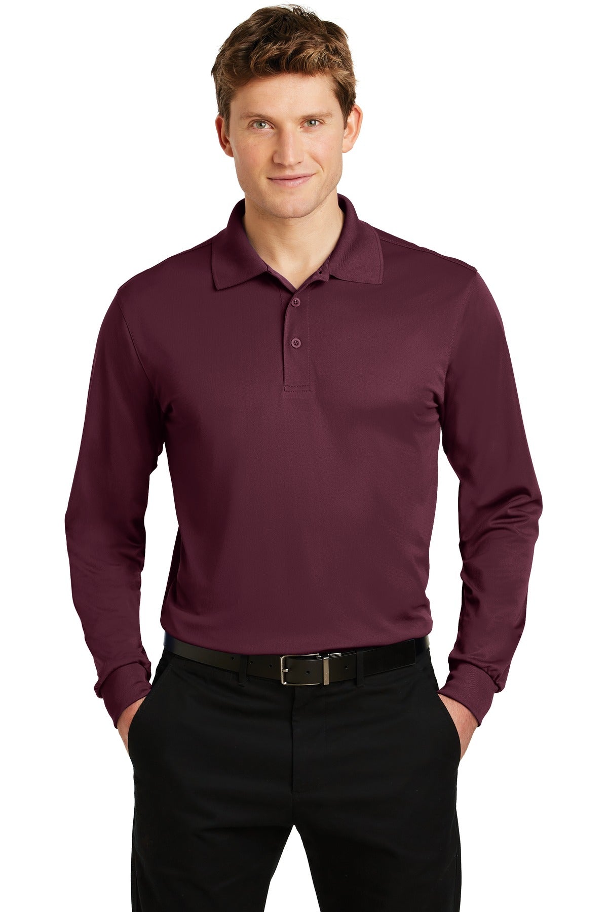 Front View of Maroon Sport-Tek Long Sleeve Micropique Sport-Wick Polo. ST657