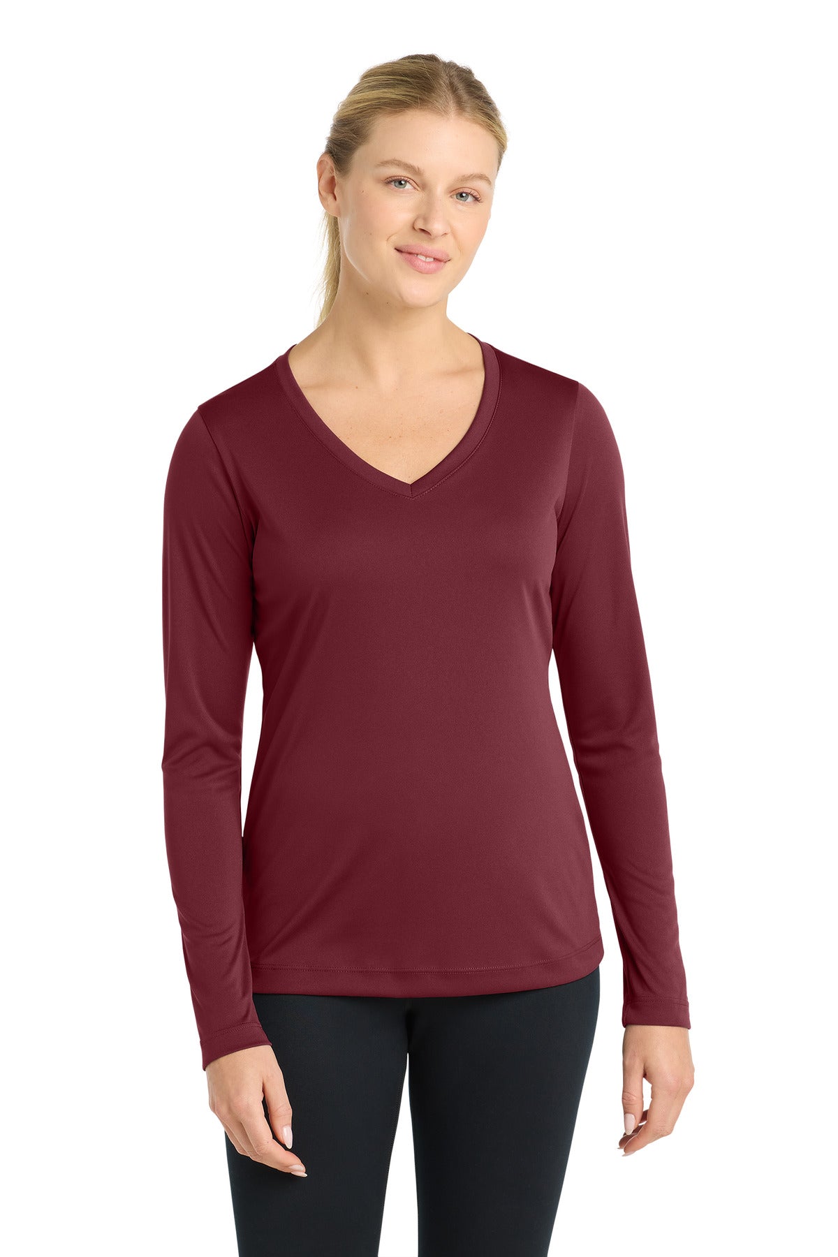 Front View of Maroon Sport-Tek Women's Long Sleeve PosiCharge Competitor V-Neck Tee. LST353LS
