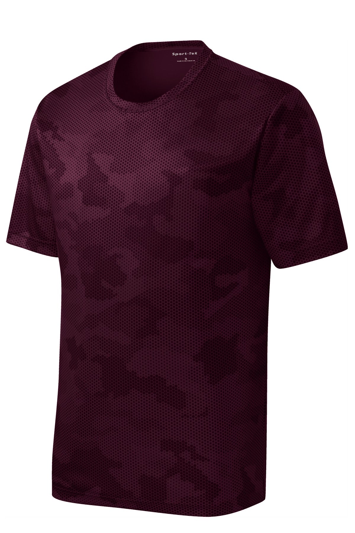 Front View of Maroon Sport-Tek Youth CamoHex Tee. YST370
