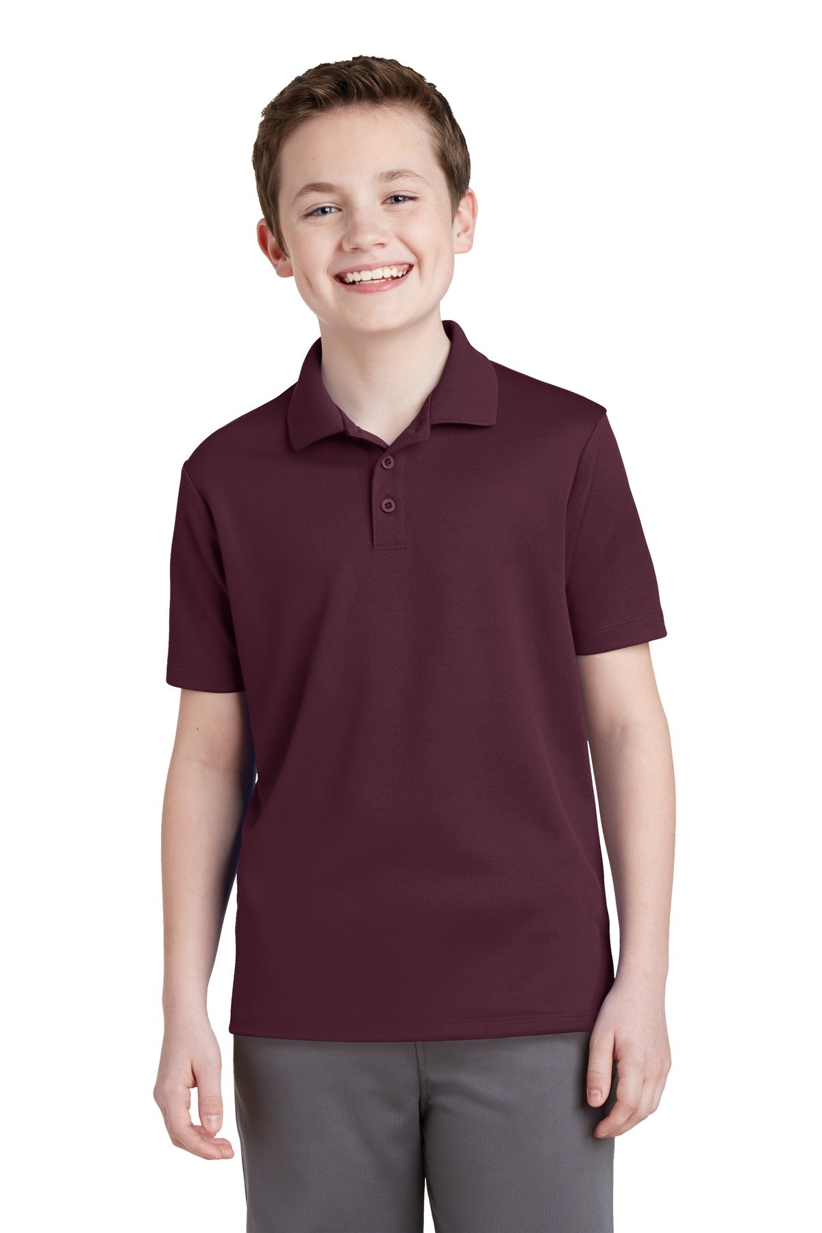 Front View of Maroon Sport-Tek Youth PosiCharge RacerMesh Polo. YST640
