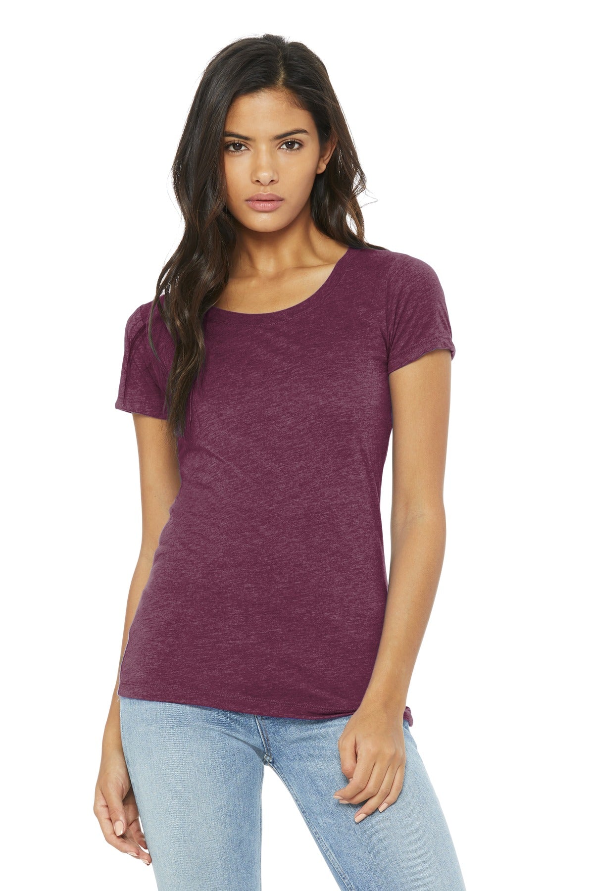 Front View of Maroon TB BELLA+CANVAS Women's Triblend Short Sleeve Tee. BC8413