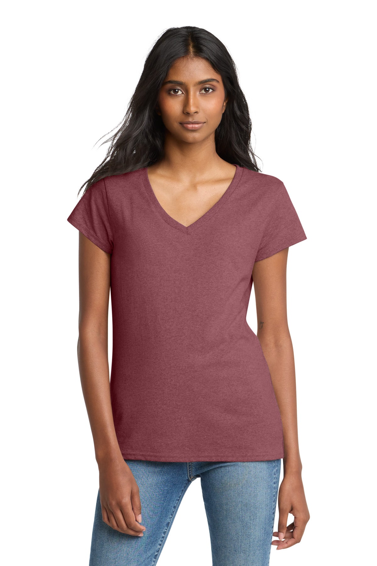 Front View of MaroonHthr District Women's Re-Tee V-Neck DT8001