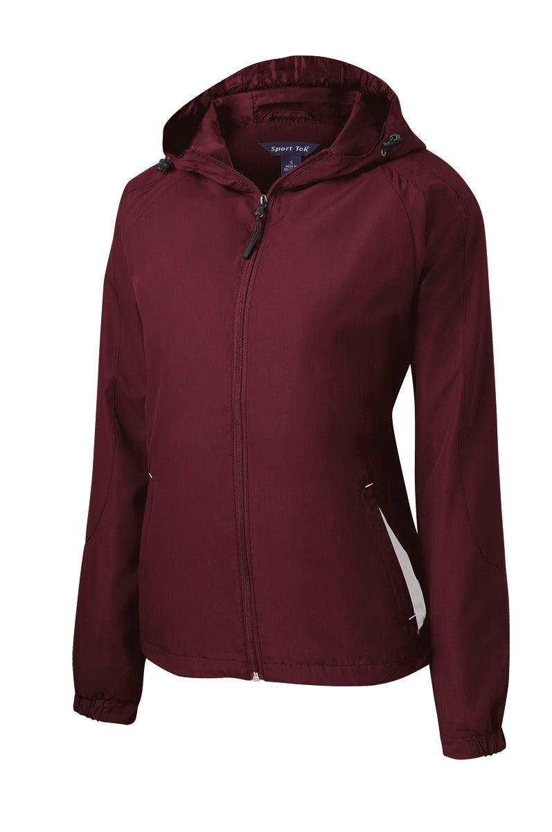 Front View of Maroon/White Sport-Tek Women's Colorblock Hooded Raglan Jacket. LST76