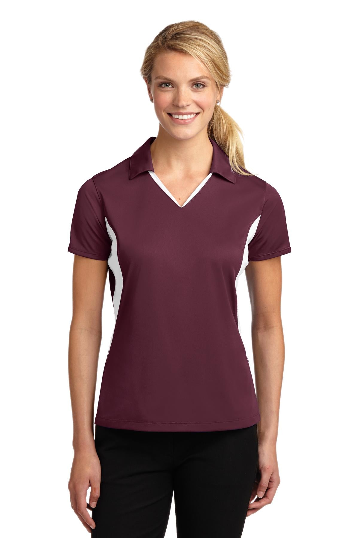 Front View of Maroon/White Sport-Tek Women's Side Blocked Micropique Sport-Wick Polo. LST655