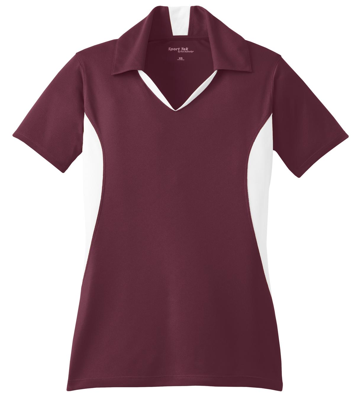 Front View of Maroon/White Sport-Tek Women's Side Blocked Micropique Sport-Wick Polo. LST655