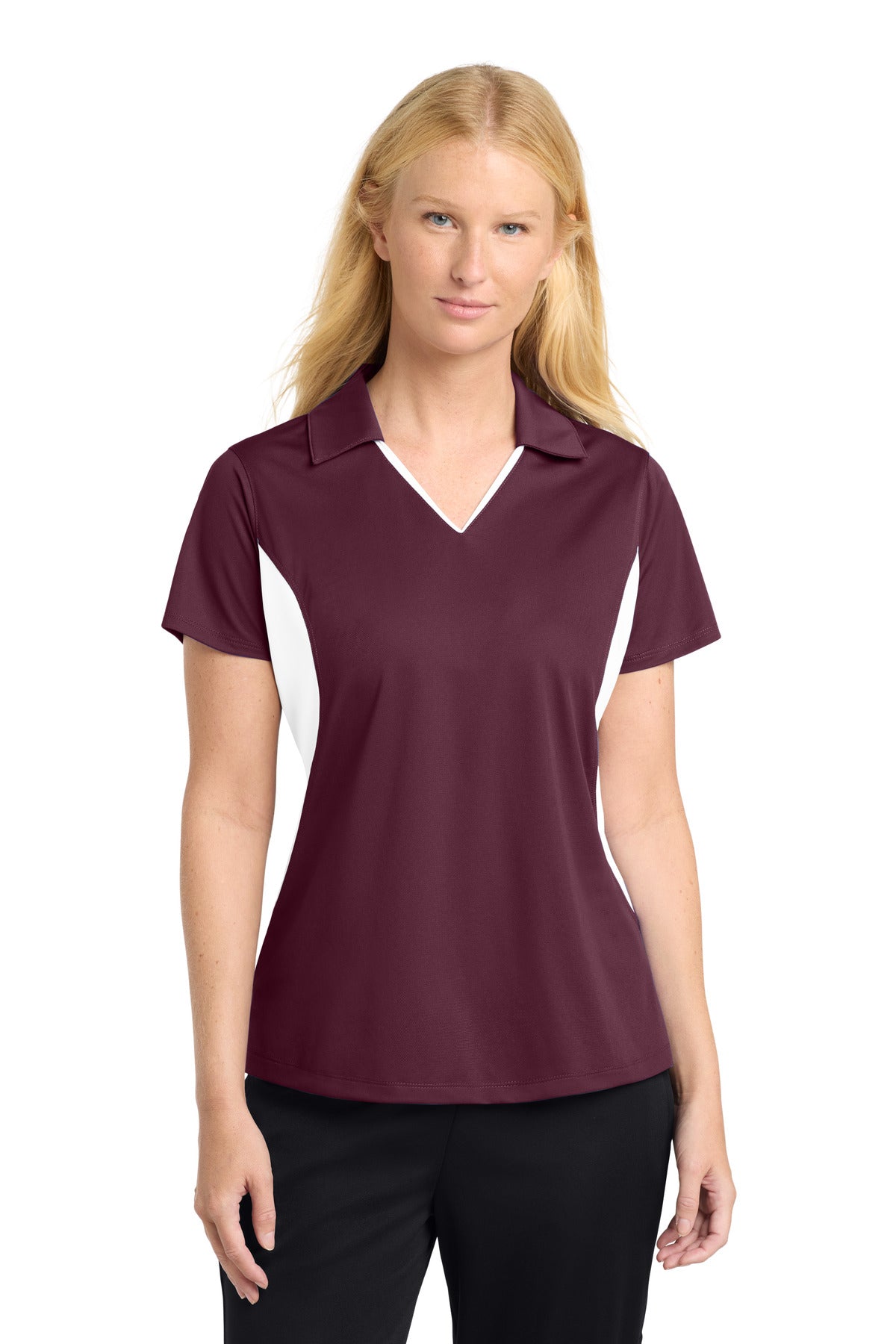 Front View of Maroon/White Sport-Tek Women's Side Blocked Micropique Sport-Wick Polo. LST655