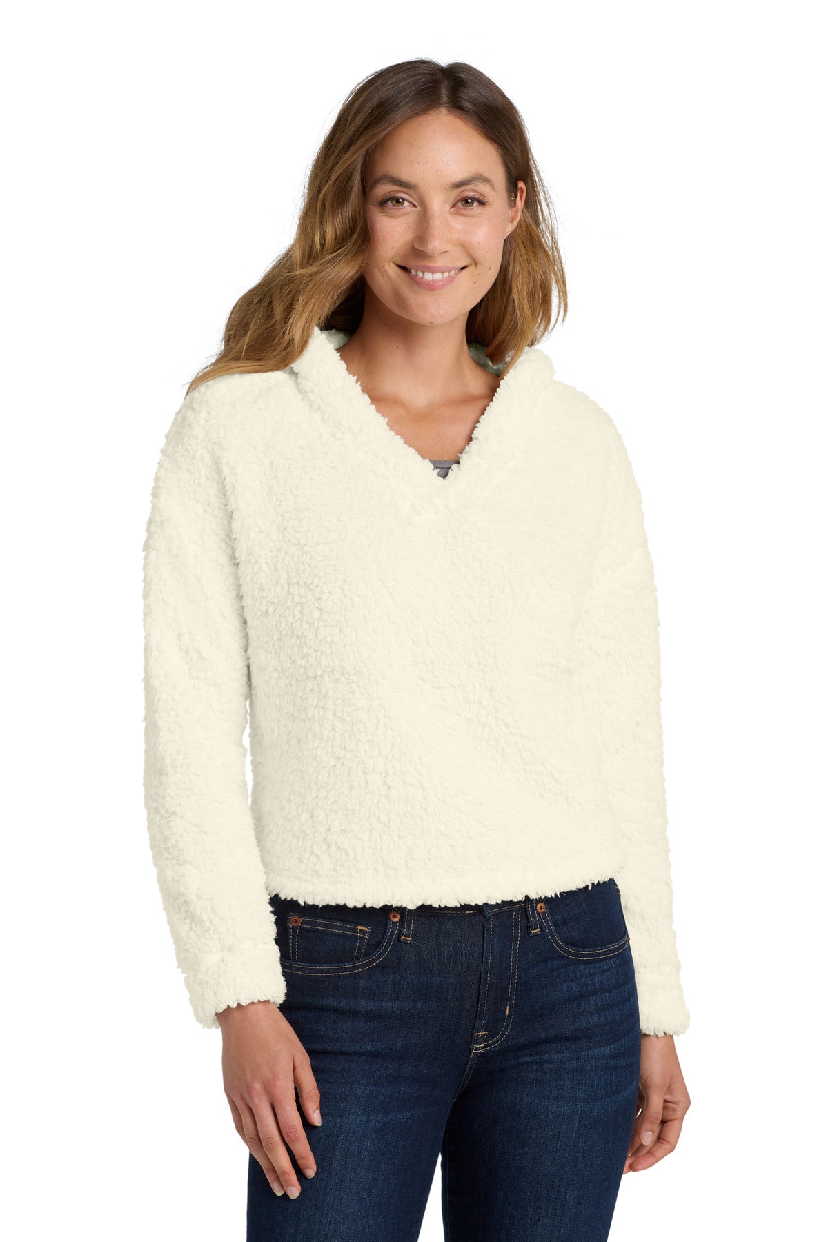 Front View of Marshmallow Port Authority Women's Cozy Fleece Hoodie. L132