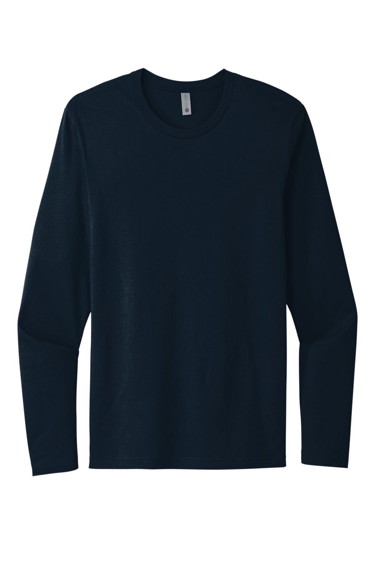 Front View of MdntNavy Next Level Apparel Cotton Long Sleeve Tee. NL3601