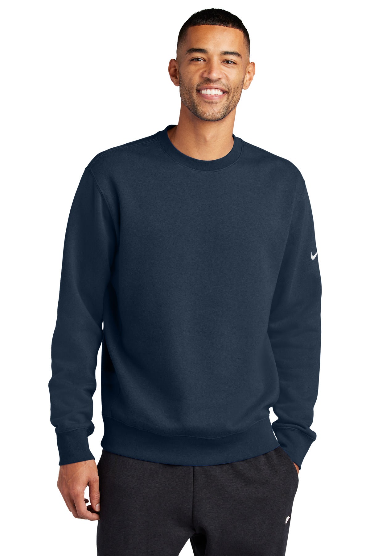 Front View of MdntNavy Nike Club Fleece Sleeve Swoosh Crew NKFD9863