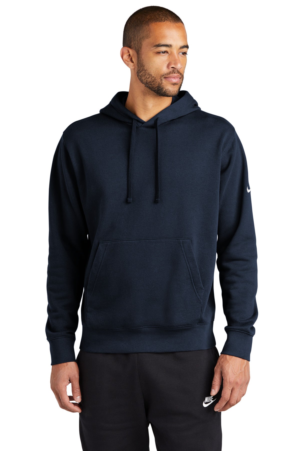 Front View of MdntNavy Nike Club Fleece Sleeve Swoosh Pullover Hoodie NKDR1499