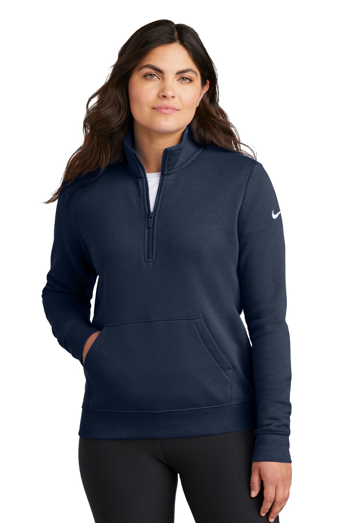 Front View of MdntNavy Nike Women's Club Fleece Sleeve Swoosh 1/2-Zip NKDX6720