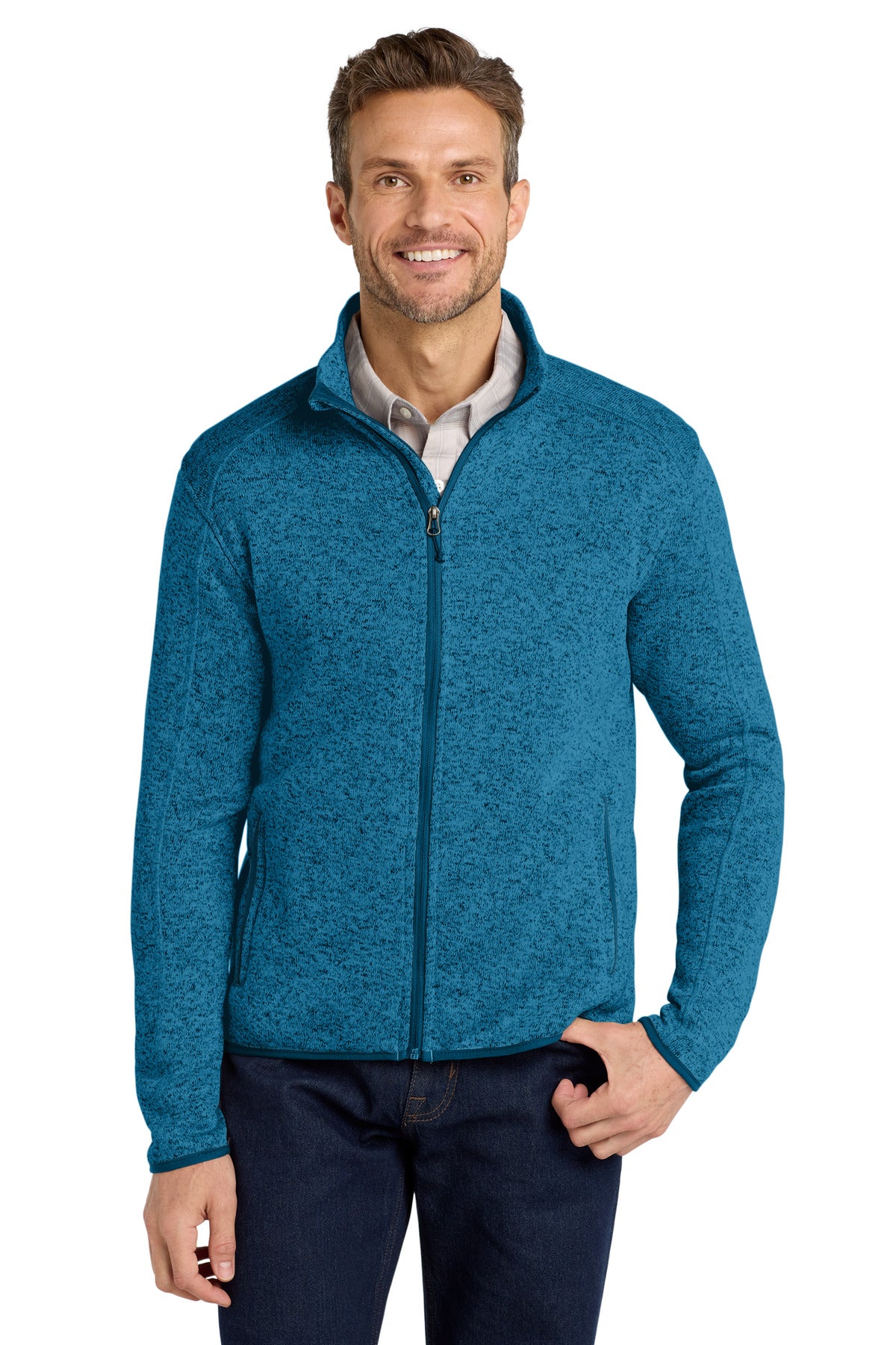 Front View of Med Blue Hthr Port Authority Sweater Fleece Jacket. F232
