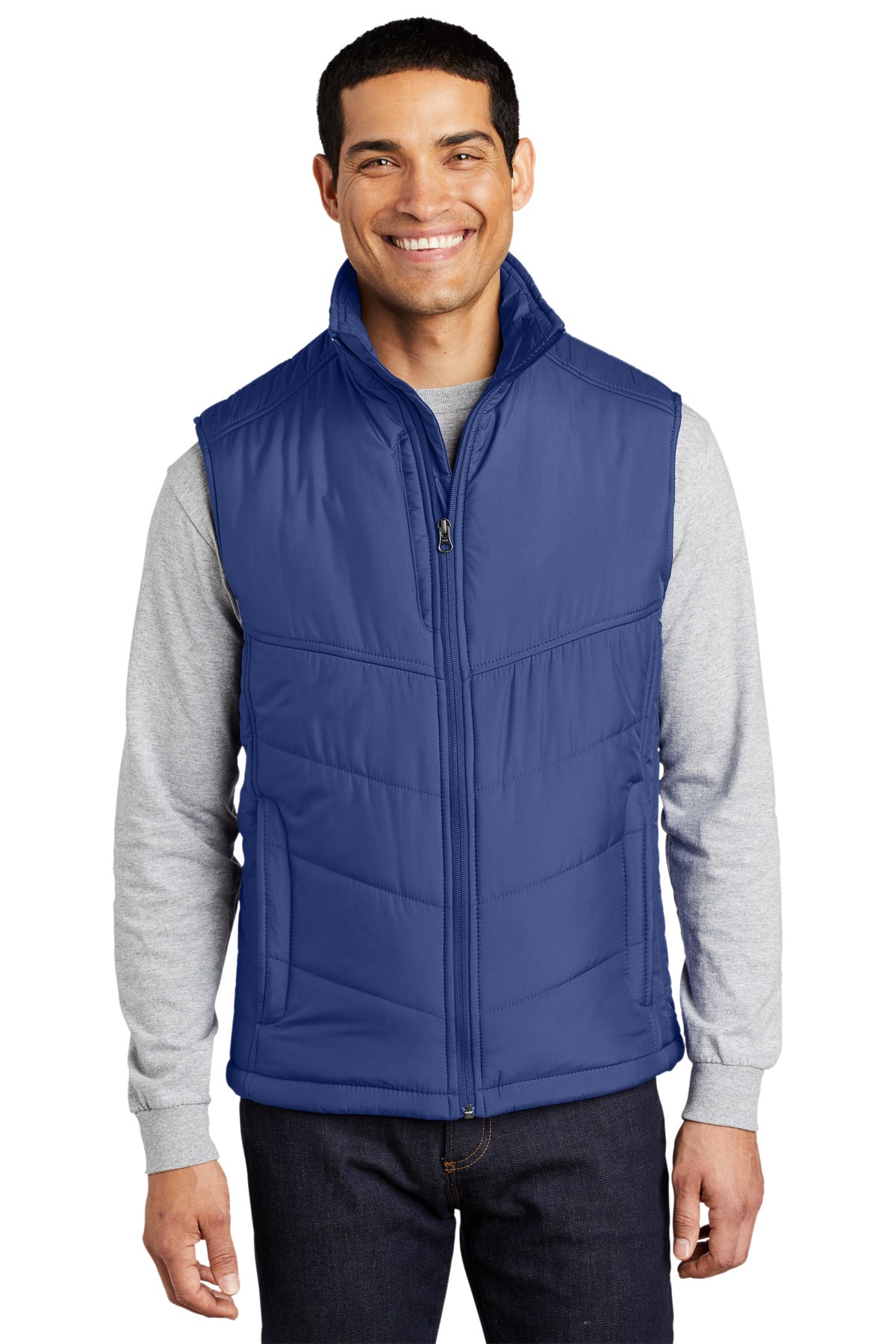 Front View of Medit Blue Port Authority Puffy Vest. J709