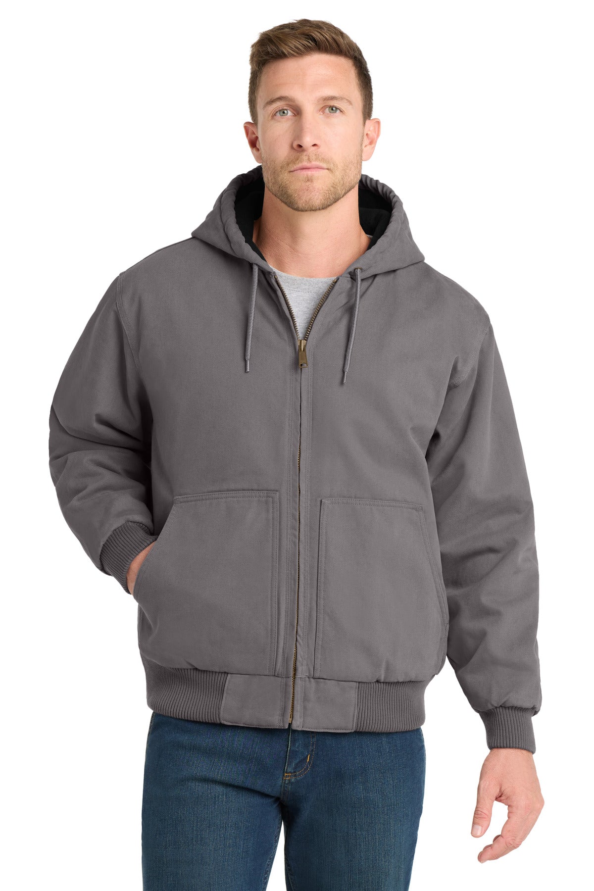 Front View of Metal Grey CornerStone Washed Duck Cloth Insulated Hooded Work Jacket. CSJ41
